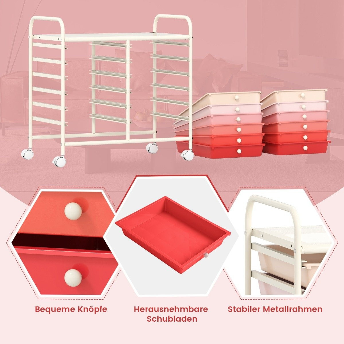 Mobile Storage Cart with 12 Stackable Drawers, Pink