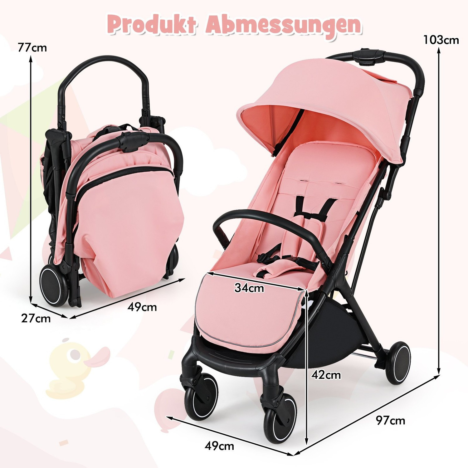 Foldable Travel Stroller with Recline, Adjustable Backrest
