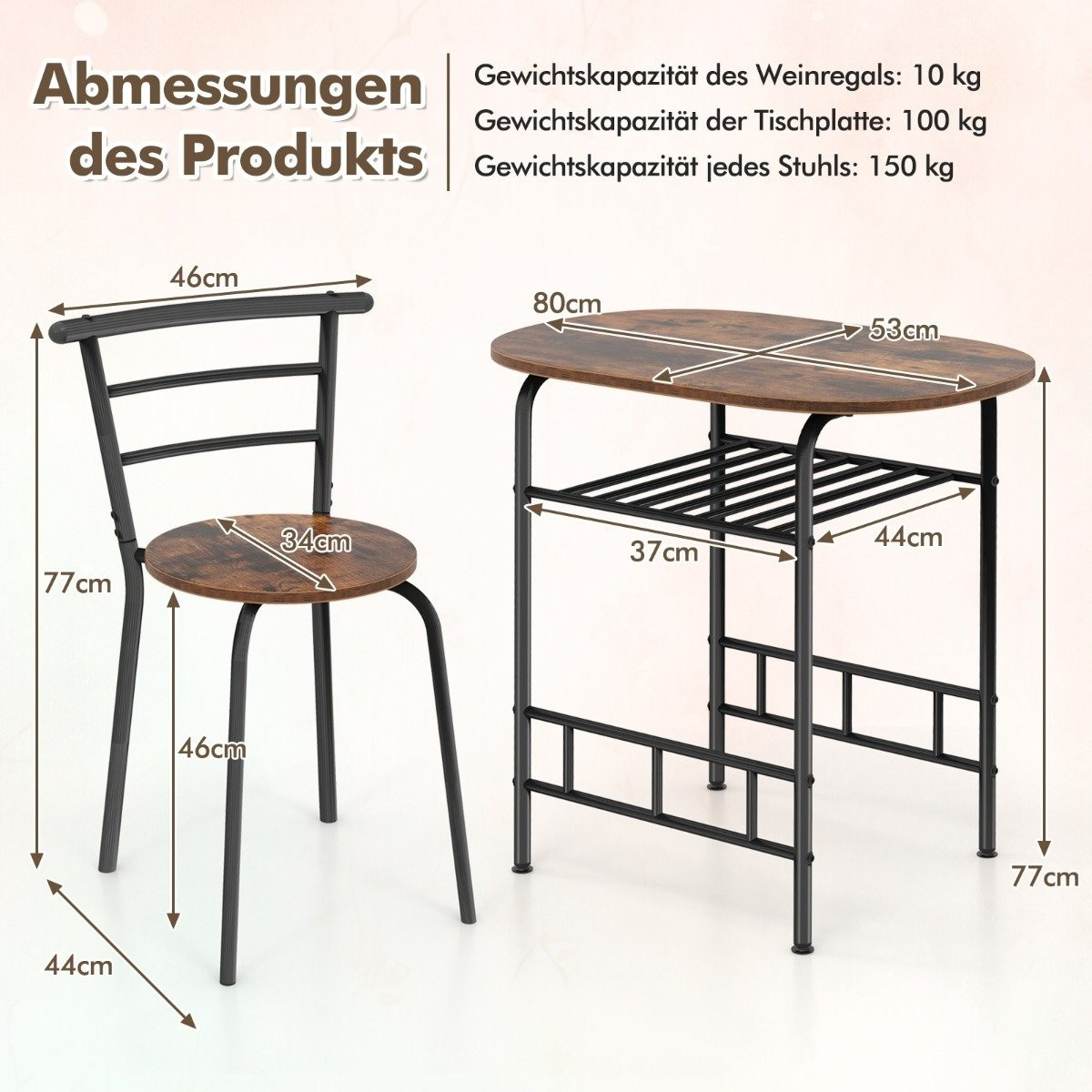 3-Piece Dining Set with Table and 2 Chairs, Space-Saving