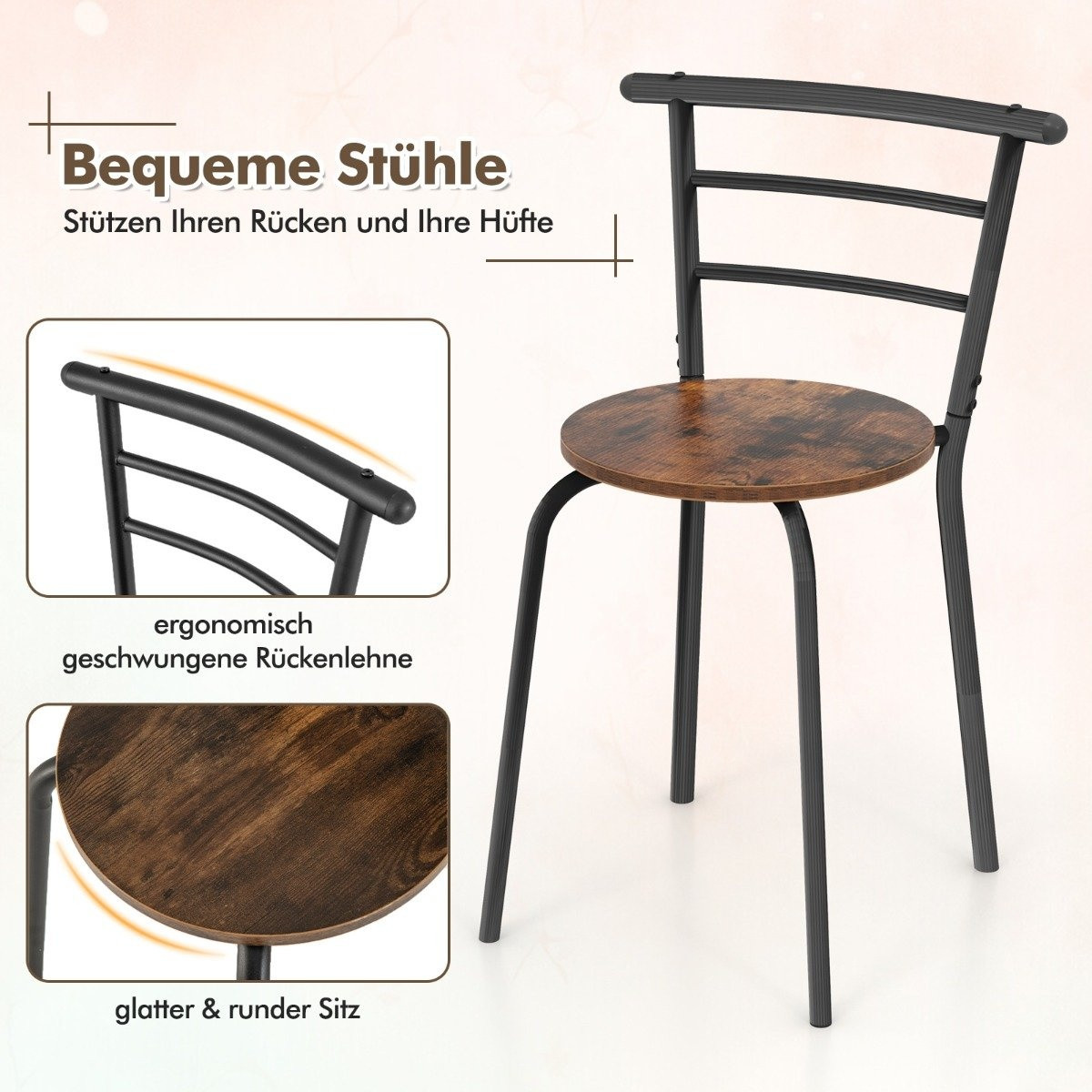 3-Piece Dining Set with Table and 2 Chairs, Space-Saving