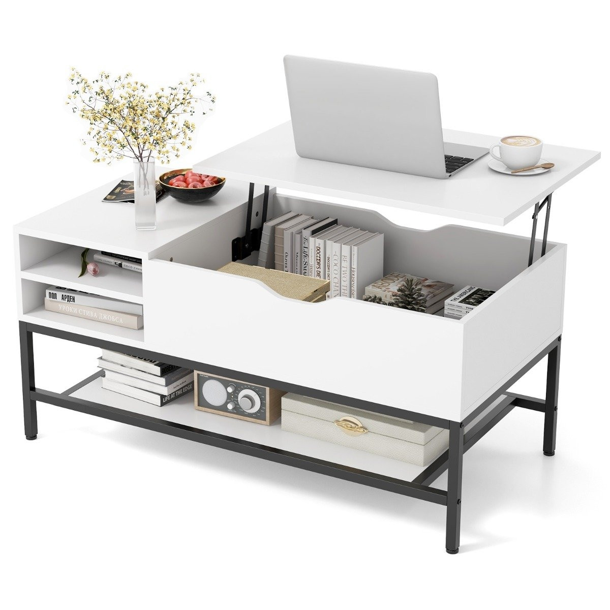 Table basse relevable avec rangement dissimulé, blanche
