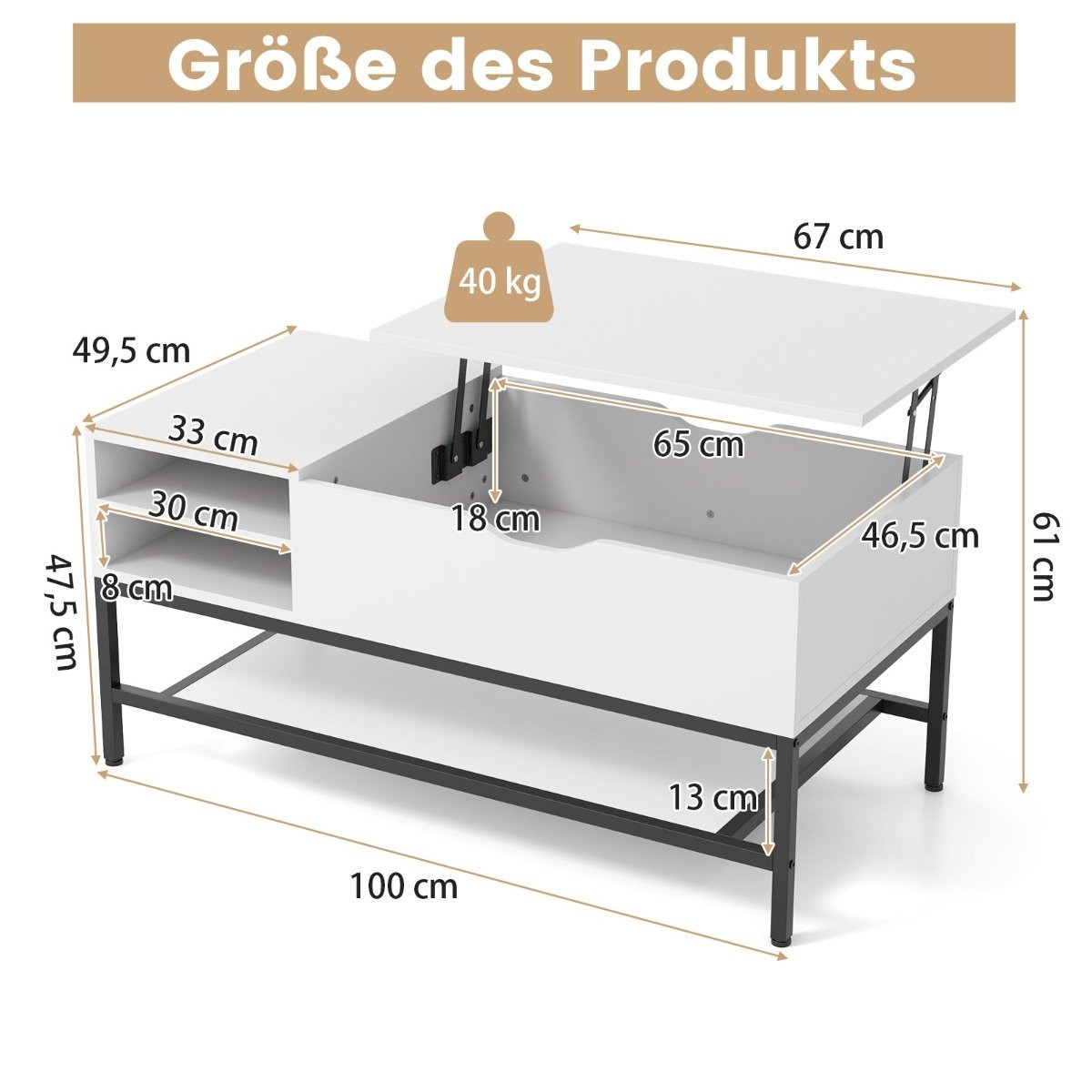 Table basse relevable avec rangement dissimulé, blanche