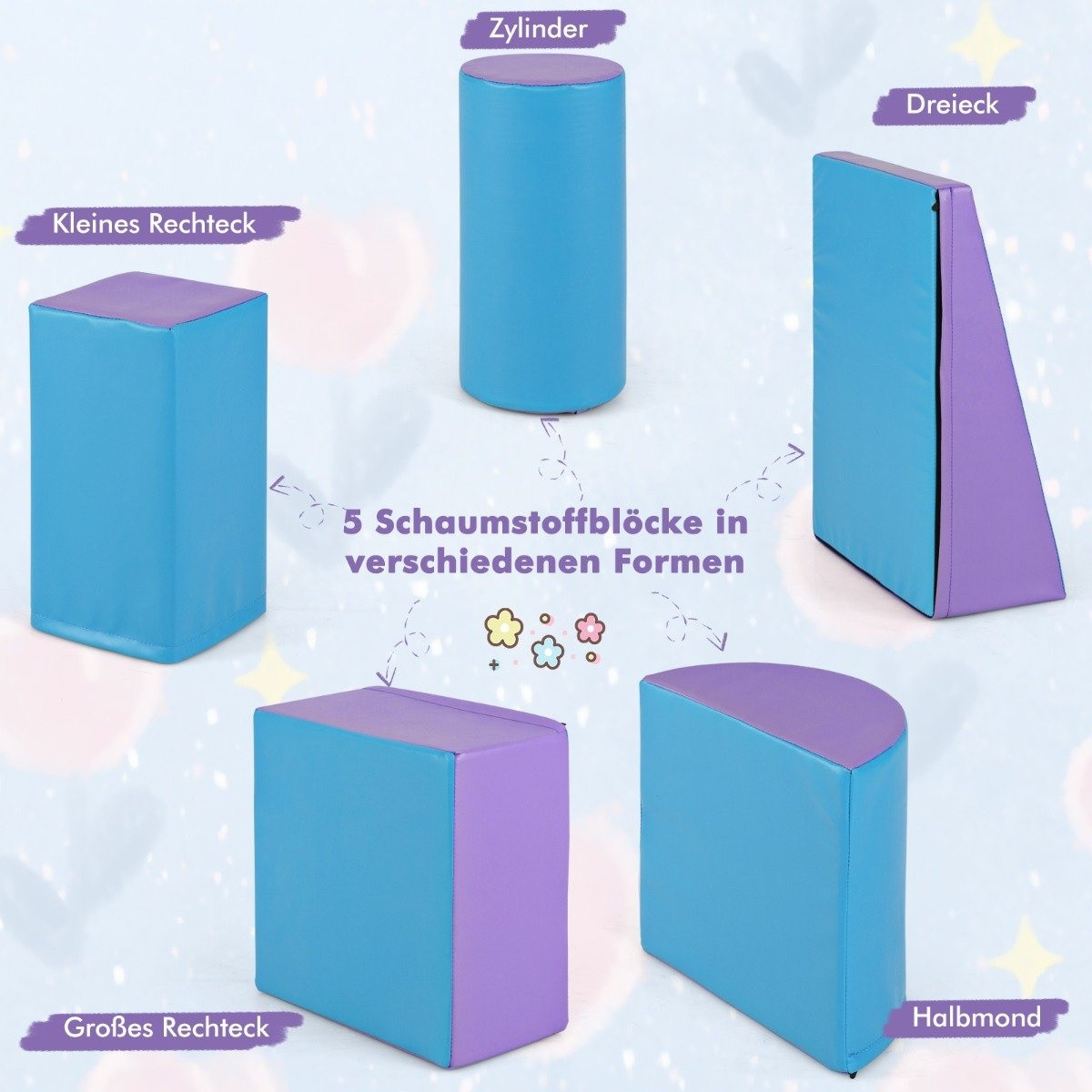 Set di blocchi da gioco in schiuma, 5 pezzi - Blu e viola