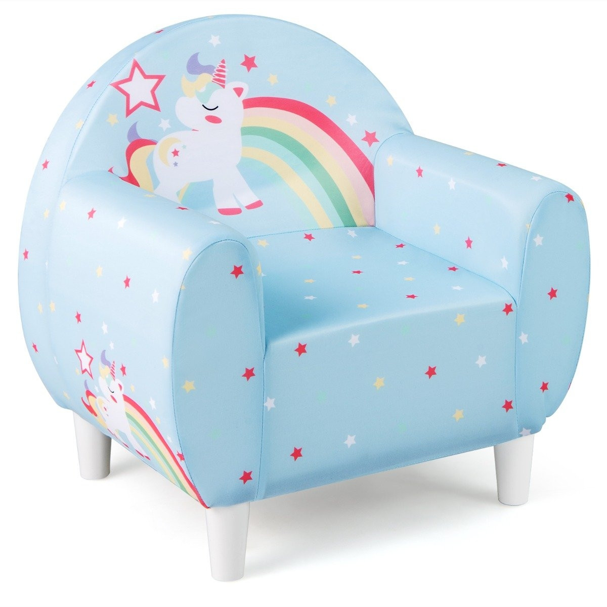 Sofá infantil com encosto e braço, design de unicórnio