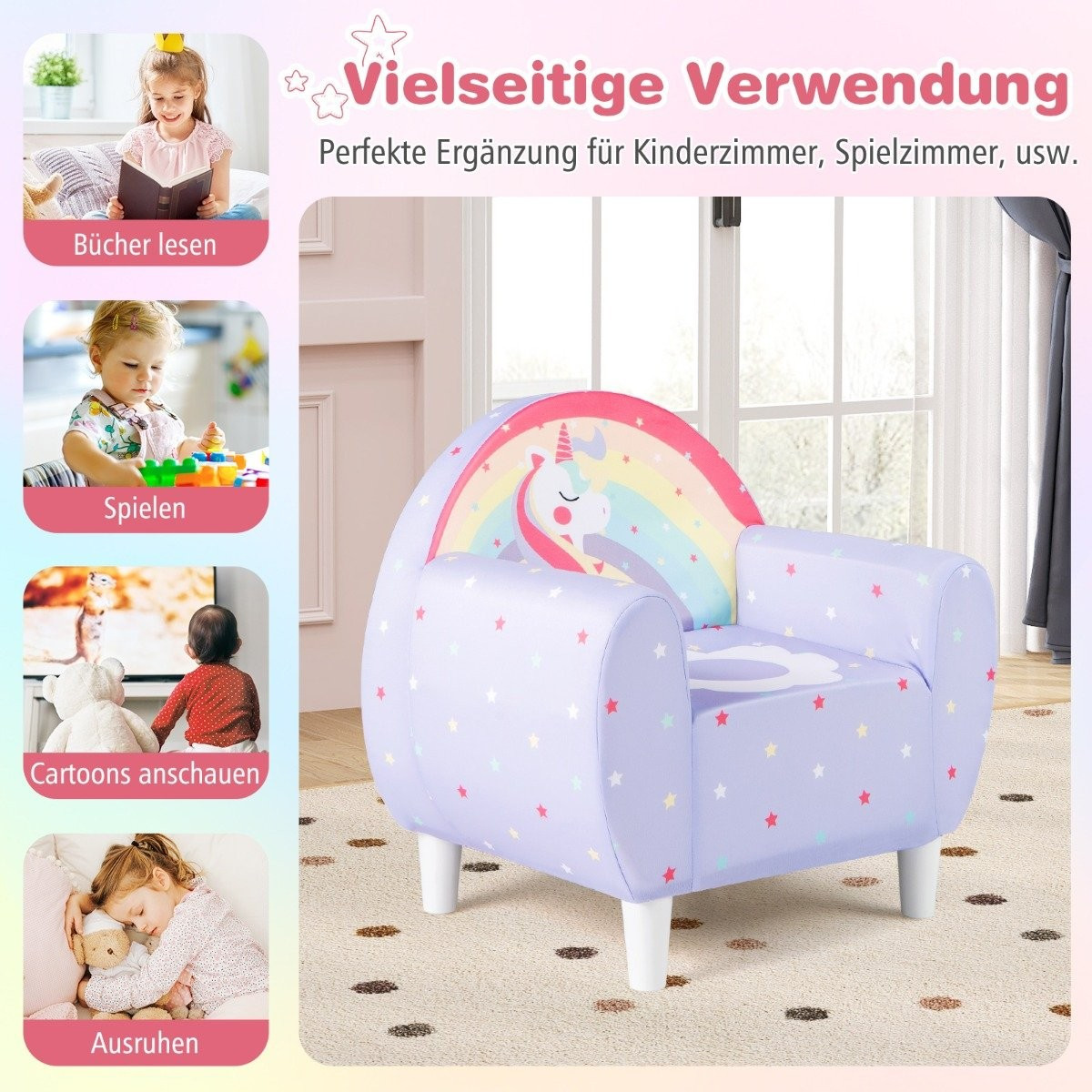 Sofá infantil com encosto e apoio de braço – Unicorn Design
