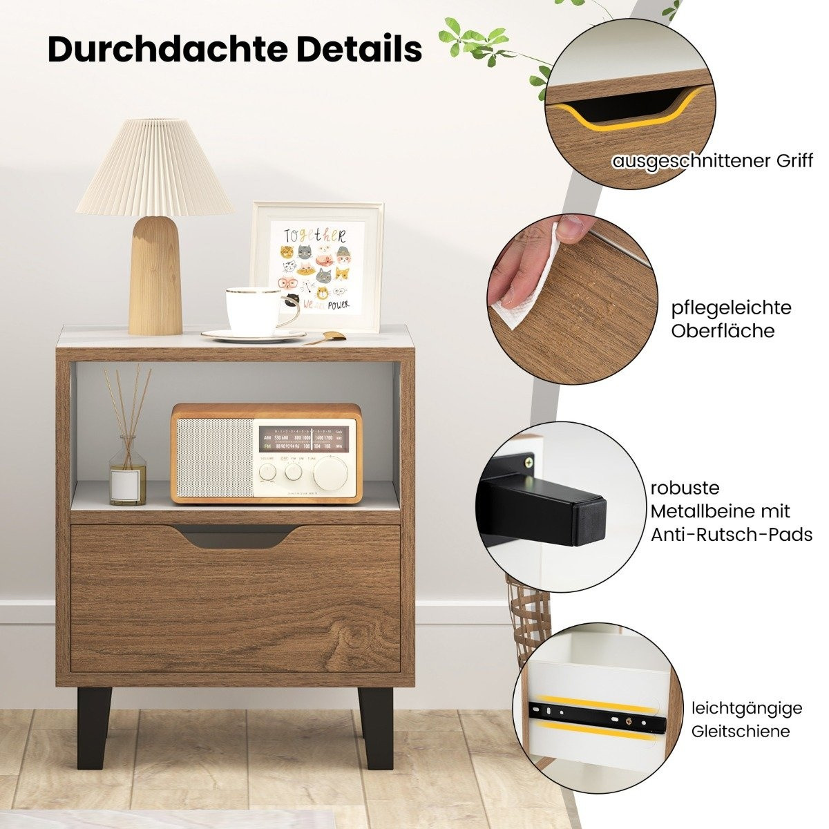 Nightstand with Open Shelf & Drawer – Compact Side Table