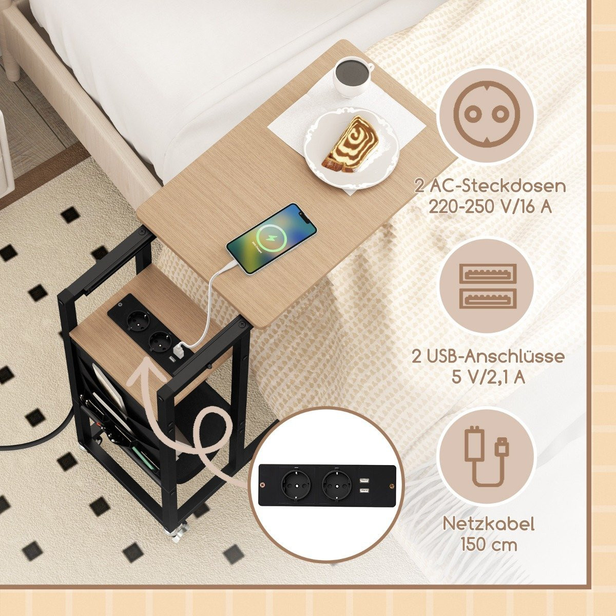 C-Shaped Side Table with Charging Station & Storage Pocket