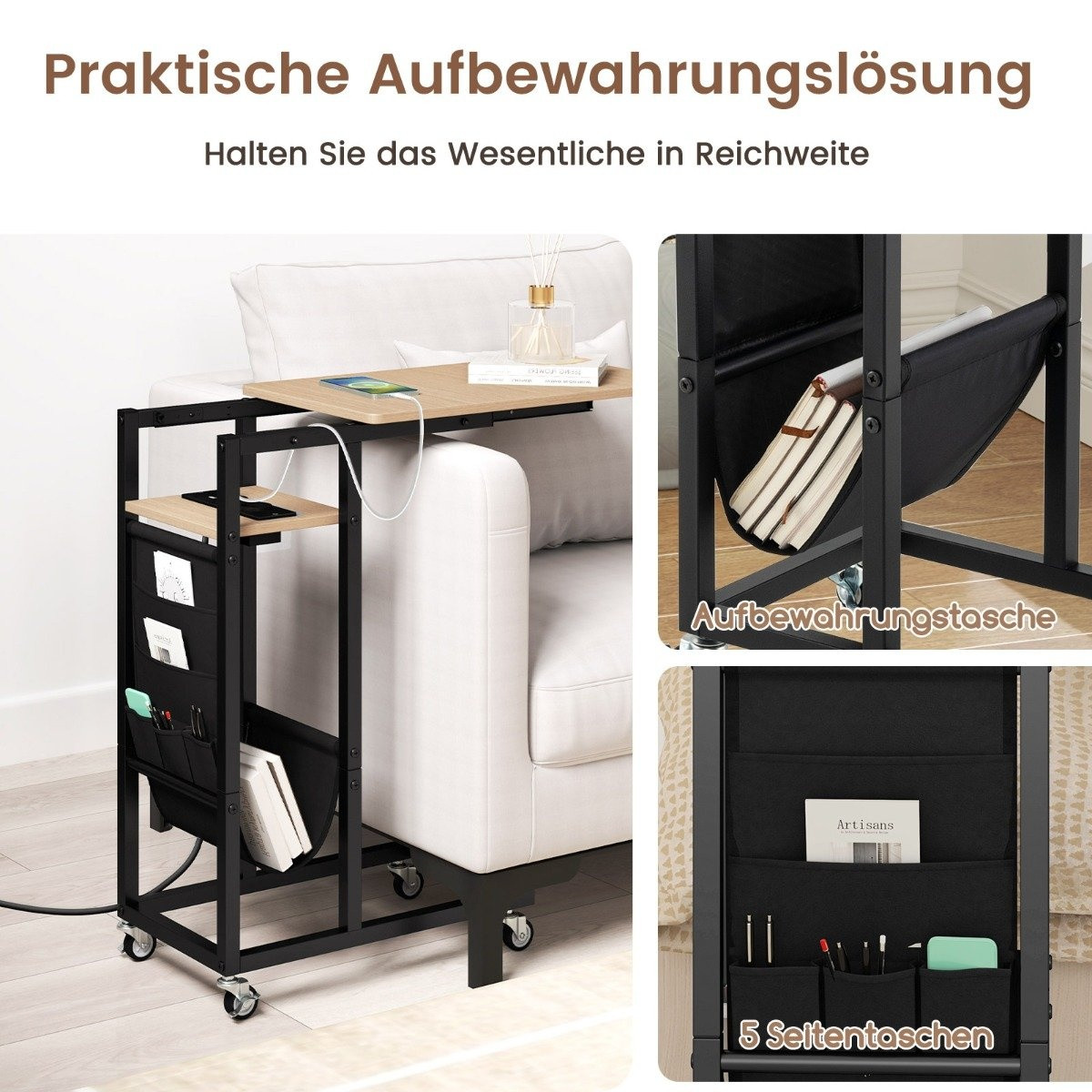 C-Shaped Side Table with Charging Station & Storage Pocket