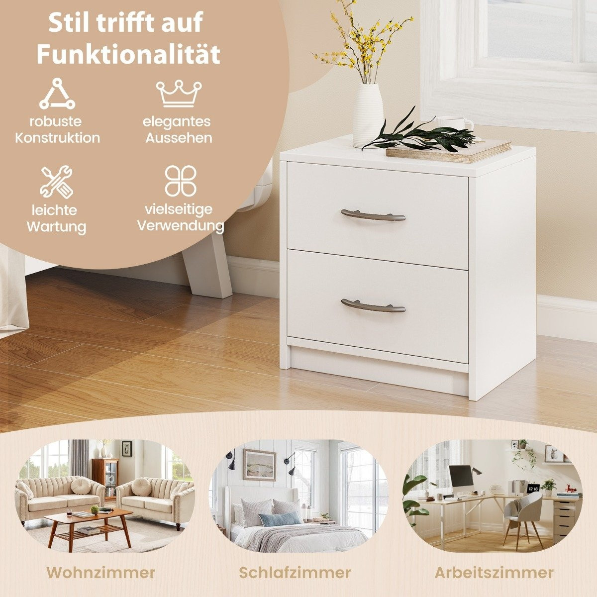 Comodino con 2 cassetti – Bianco, comodino compatto
