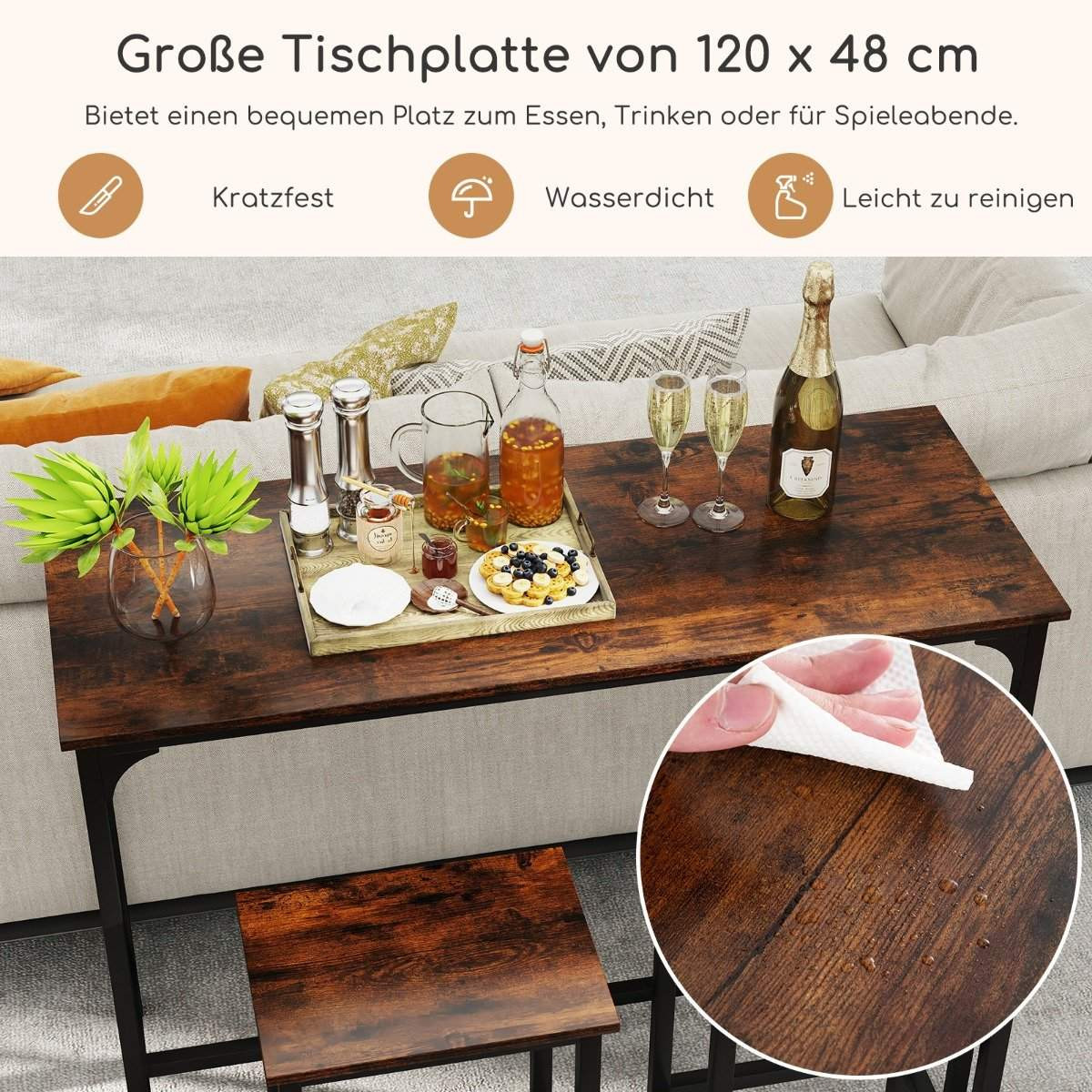 Conjunto de jantar alto com mesa e 2 bancos, marrom