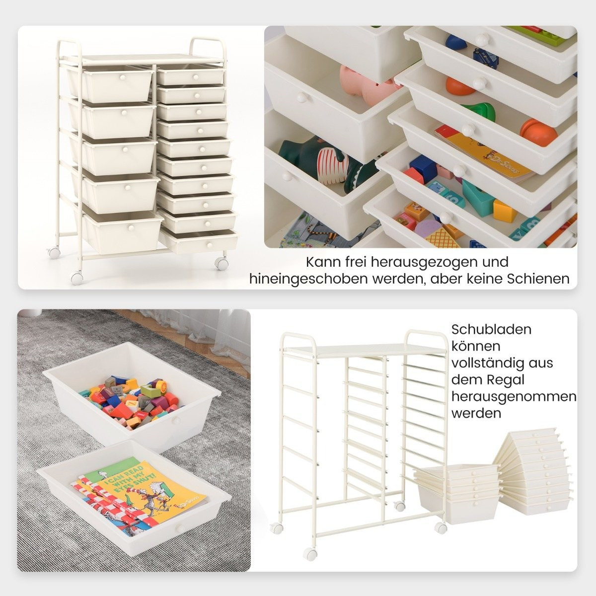 Mobile Storage Cart with 15 Stackable Drawers, White
