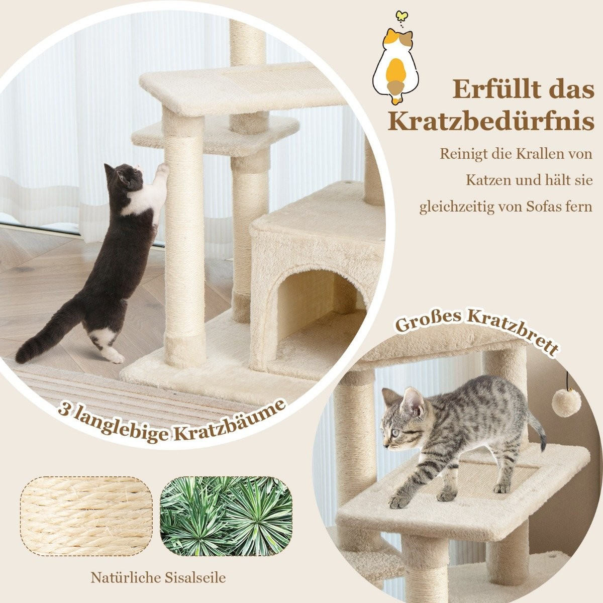 Kratzbaum mit Höhle, weicher Sitz, 85 cm, Beige