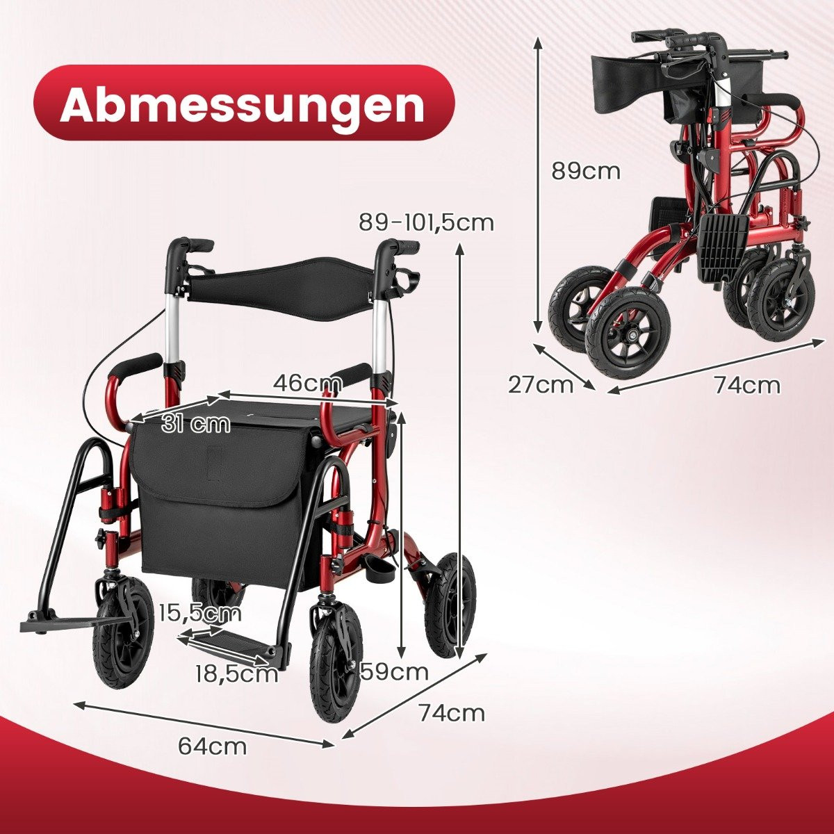 Rollator pieghevole leggero con pneumatici e sedile