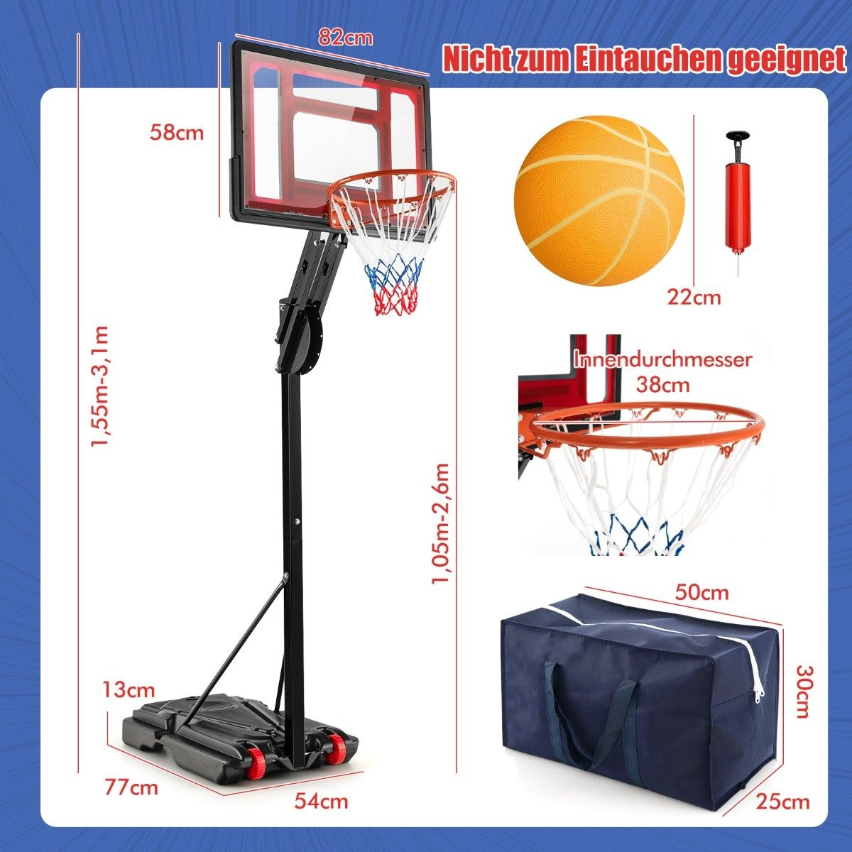 Cesta de basquete ajustável com suporte e rodas, 105-260 cm