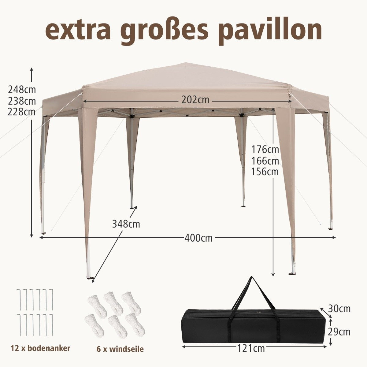 Carpa plegable hexagonal con bolsa de transporte, 400 x 348 cm