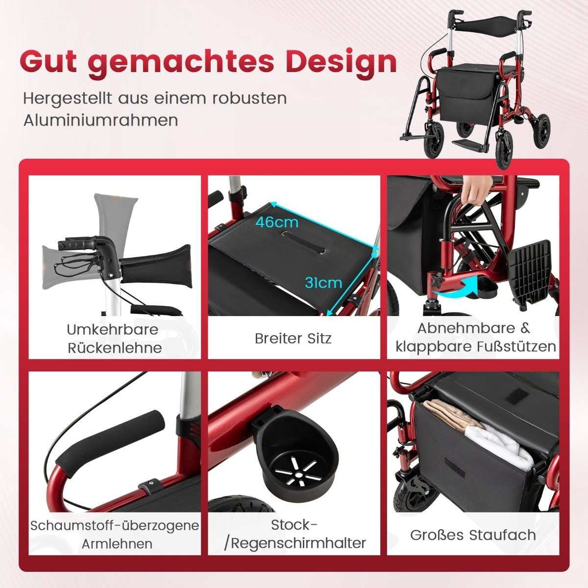 Rollator pieghevole leggero con pneumatici e sedile