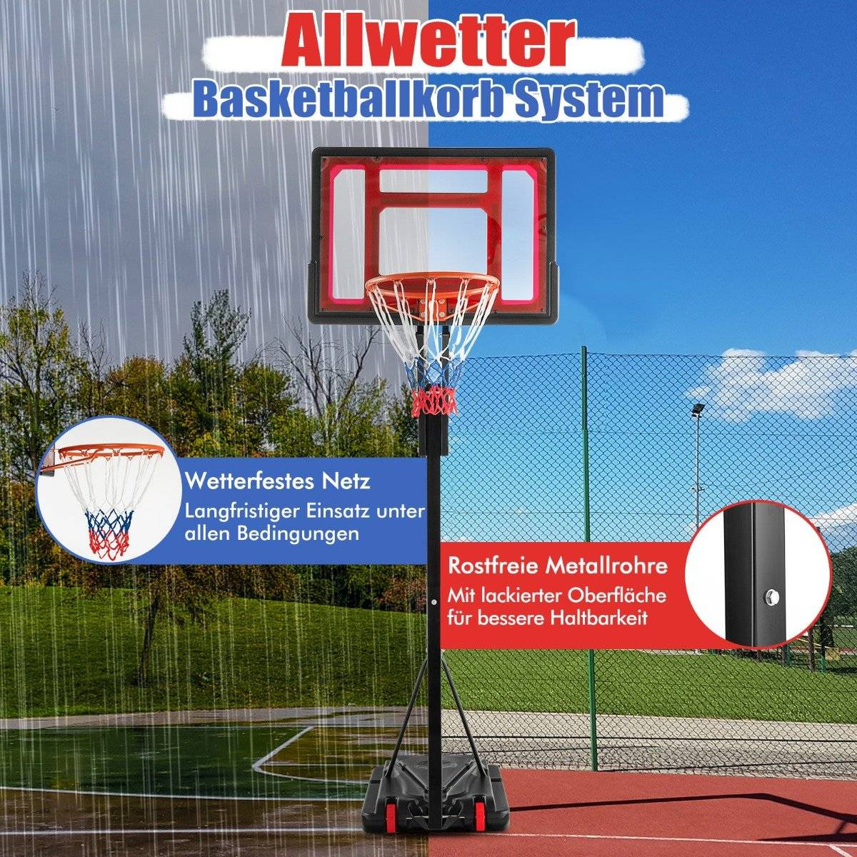 Cesta de basquete ajustável com suporte e rodas, 105-260 cm
