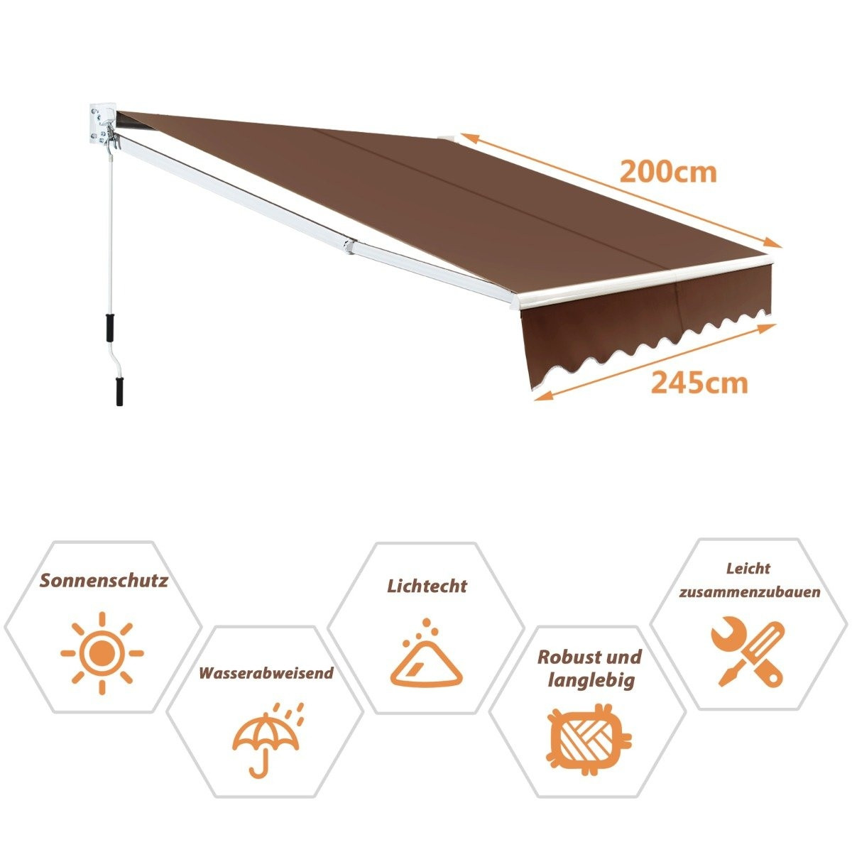 Toldo retrátil 2,5x2m, resistente a UV e água, marrom