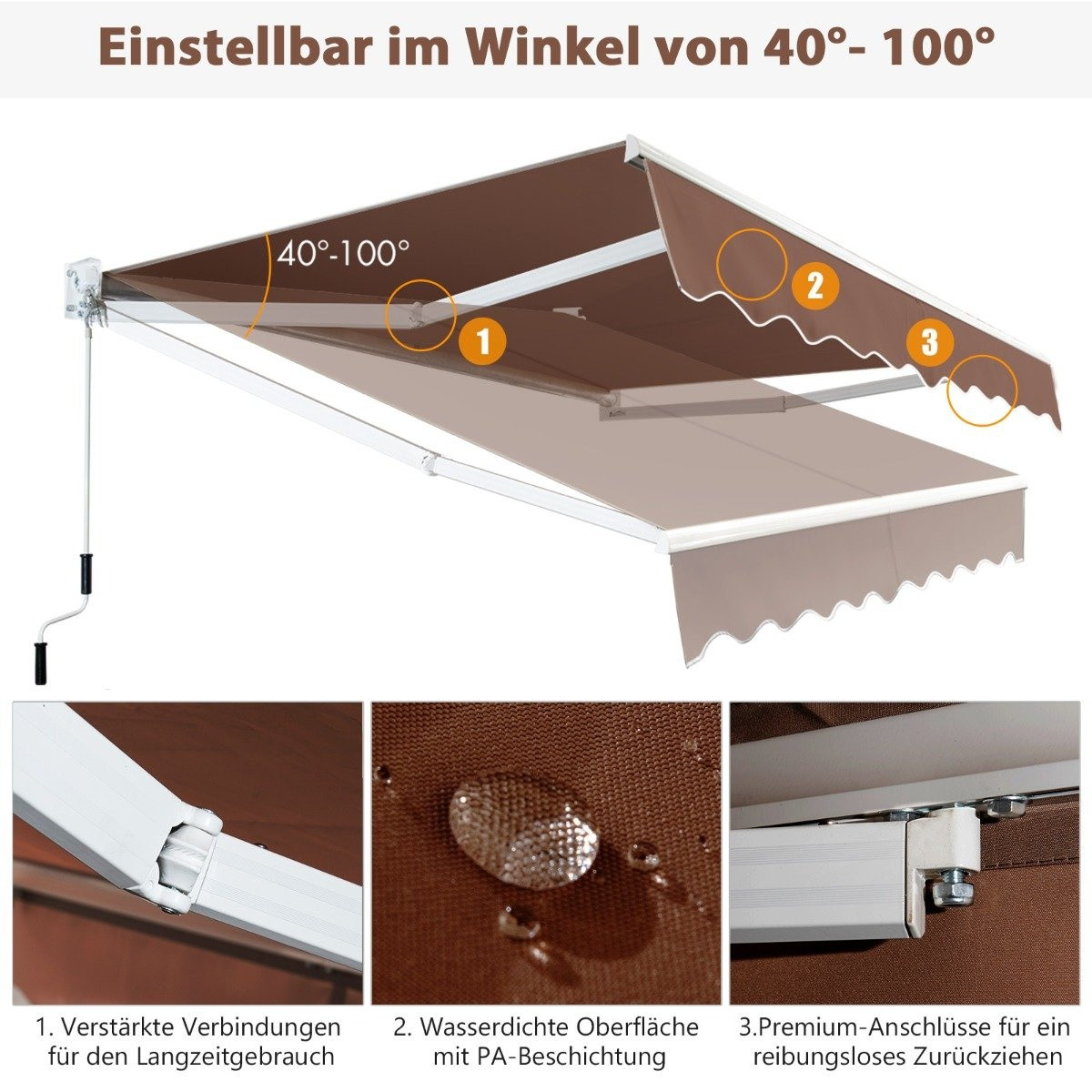 Toldo retrátil 2,5x2m, resistente a UV e água, marrom