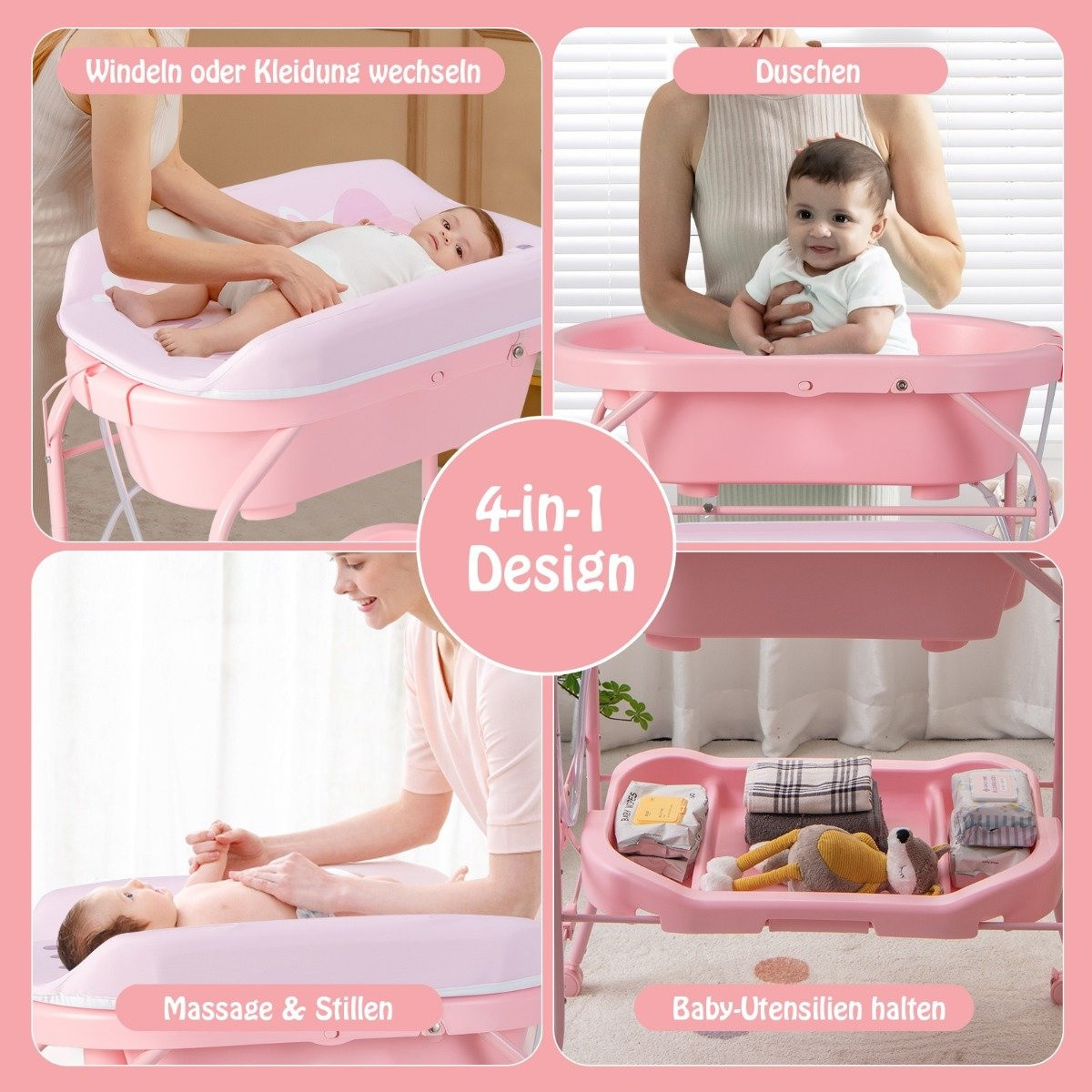 Foldable Baby Changing Table with Bath, Storage, Wheels