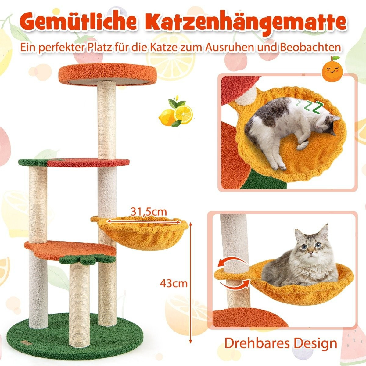 Cat Tree with Fruit Theme, 100 cm, Sisal Scratch Posts