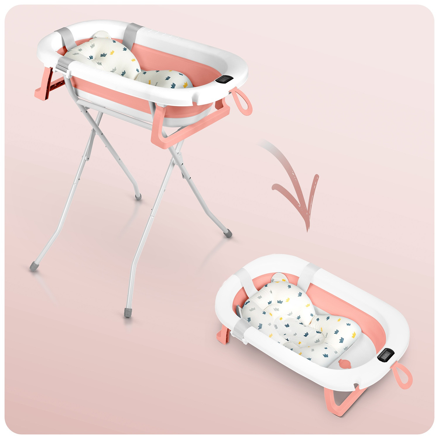 Folding Baby Bath with Stand, Thermometer, Insert