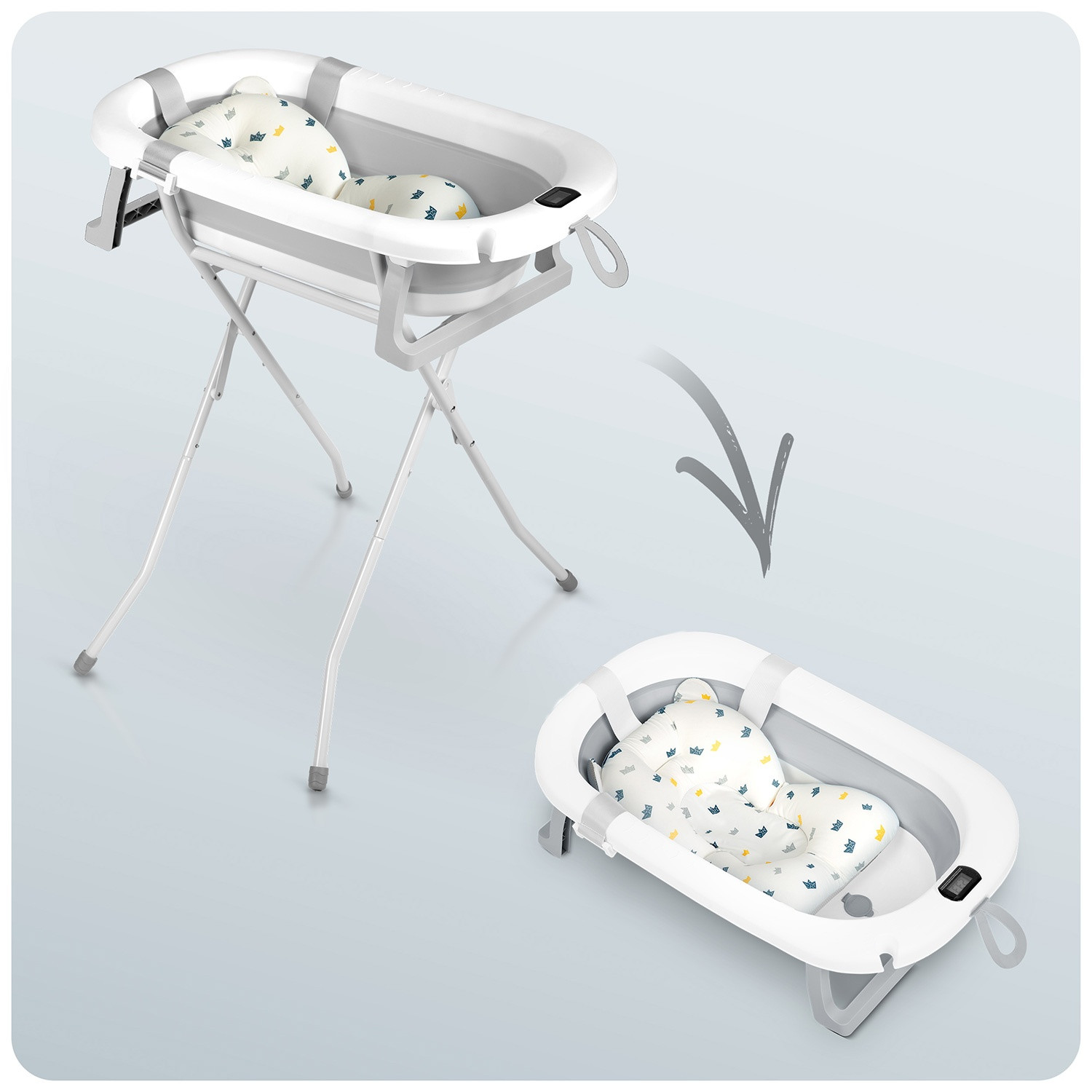 Folding Baby Bath with Stand, Thermometer & Insert