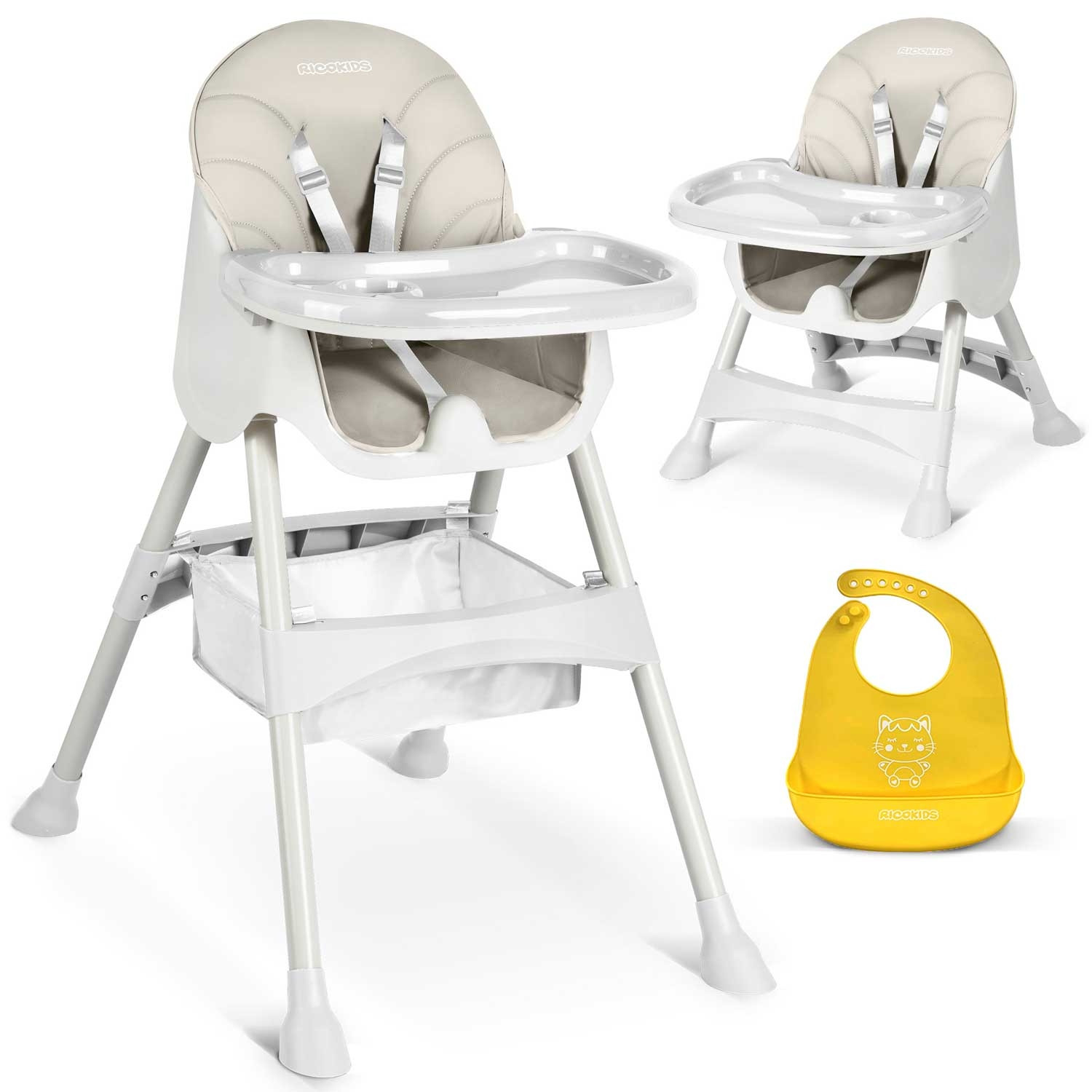 Cadeira alta com mesa e babador, cinza