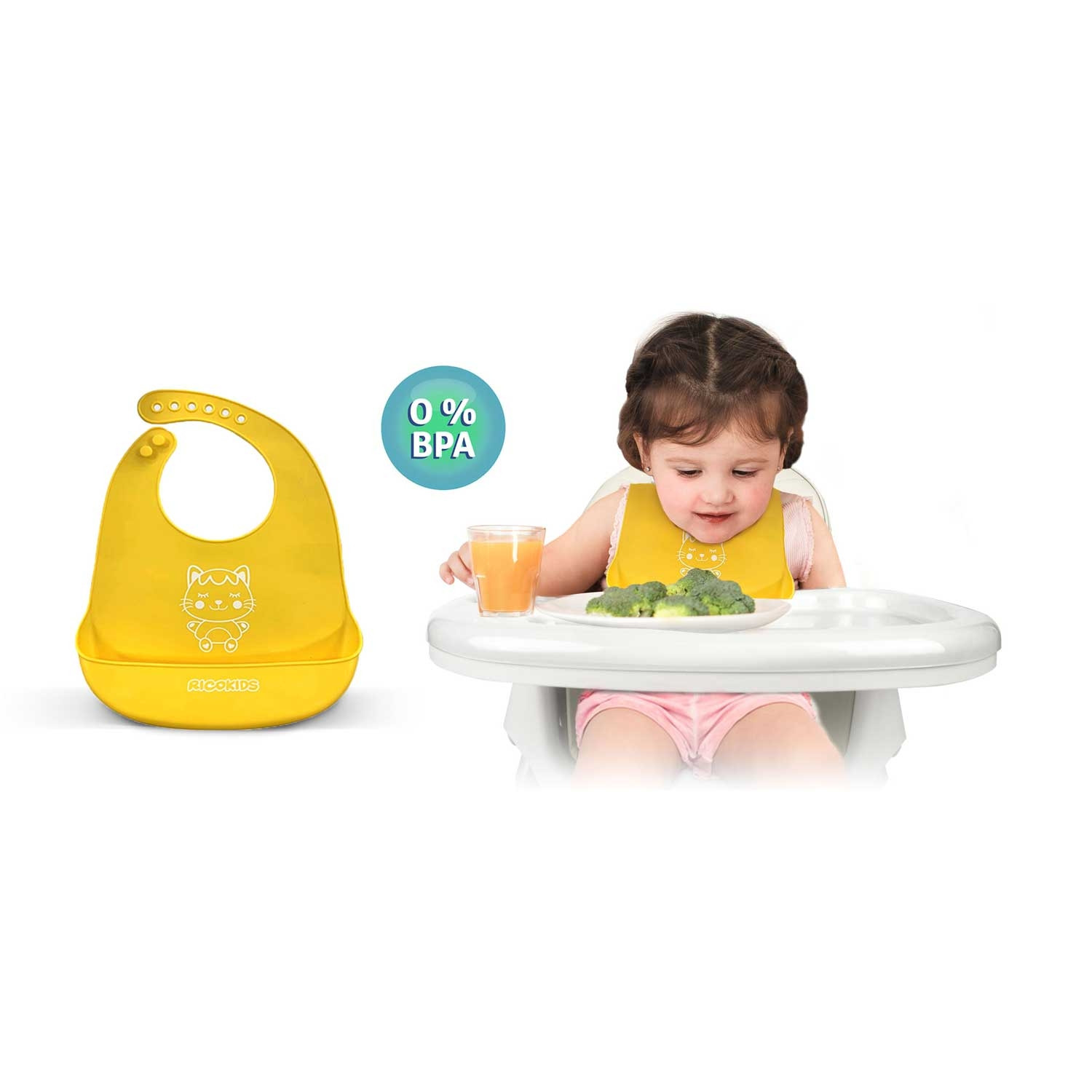 Cadeira alta com mesa e babador, cinza