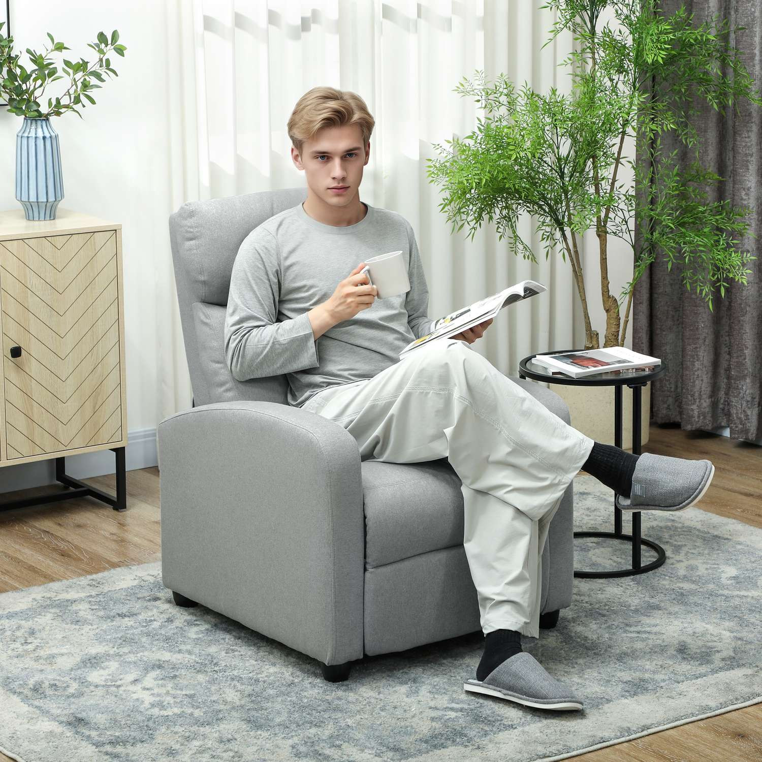 Fauteuil inclinable, réglable à 135°, lin-polyester, gris clair