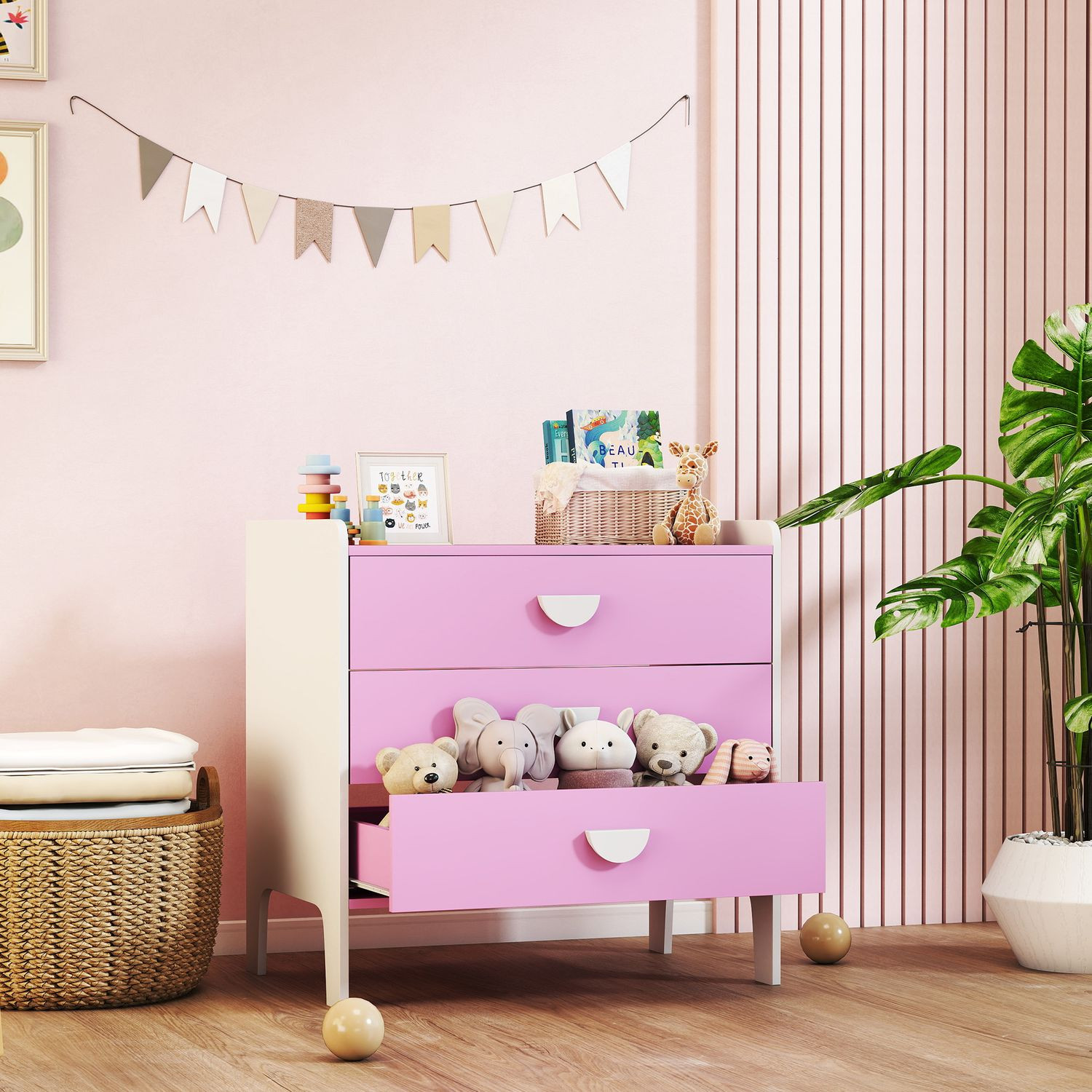 Cômoda Infantil com 3 Gavetas, MDF, Rosa e Branco