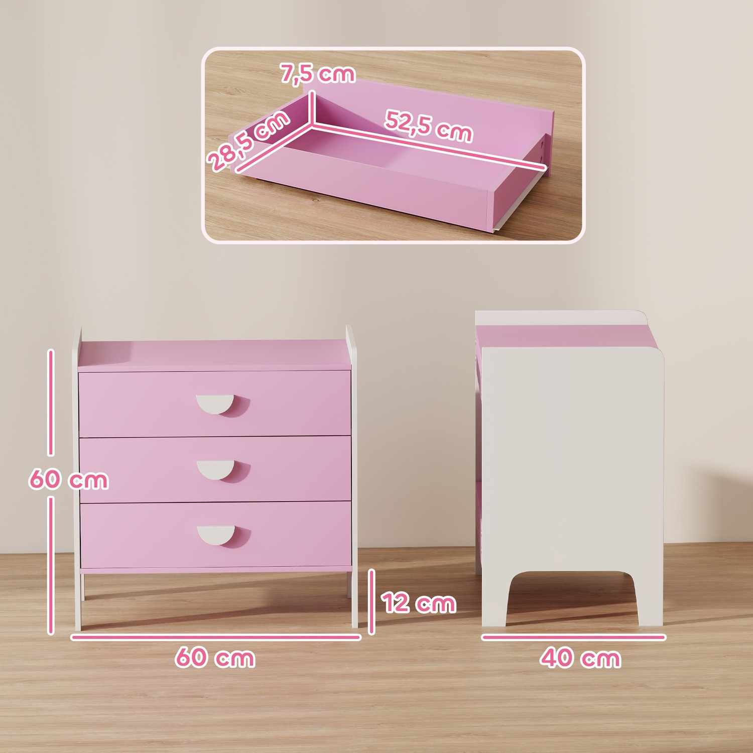 Cômoda Infantil com 3 Gavetas, MDF, Rosa e Branco