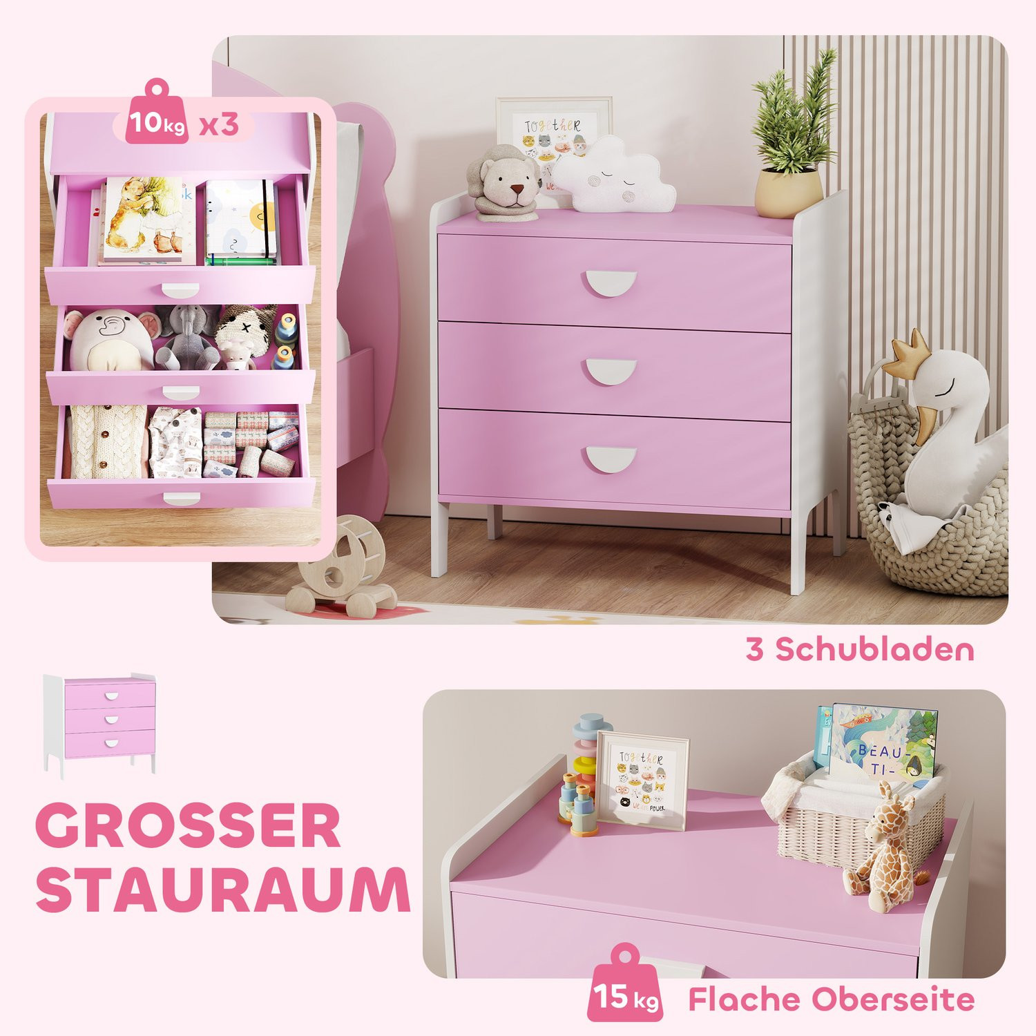 Cômoda Infantil com 3 Gavetas, MDF, Rosa e Branco