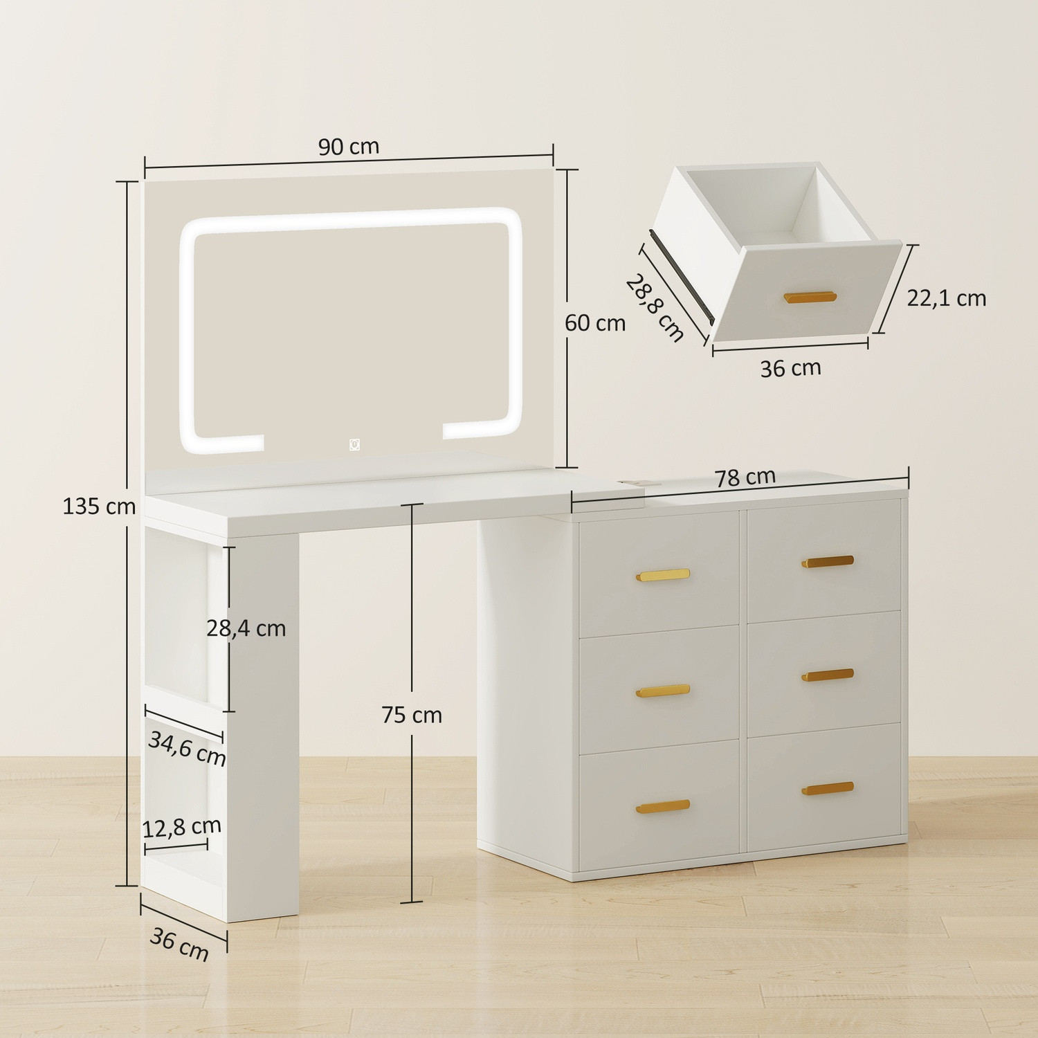 Vanity Table with Adjustable LED Mirror and Storage