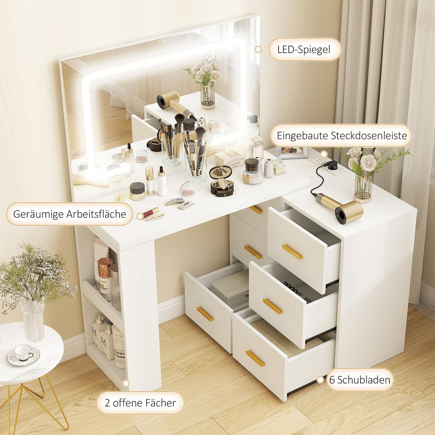 Vanity Table with Adjustable LED Mirror and Storage