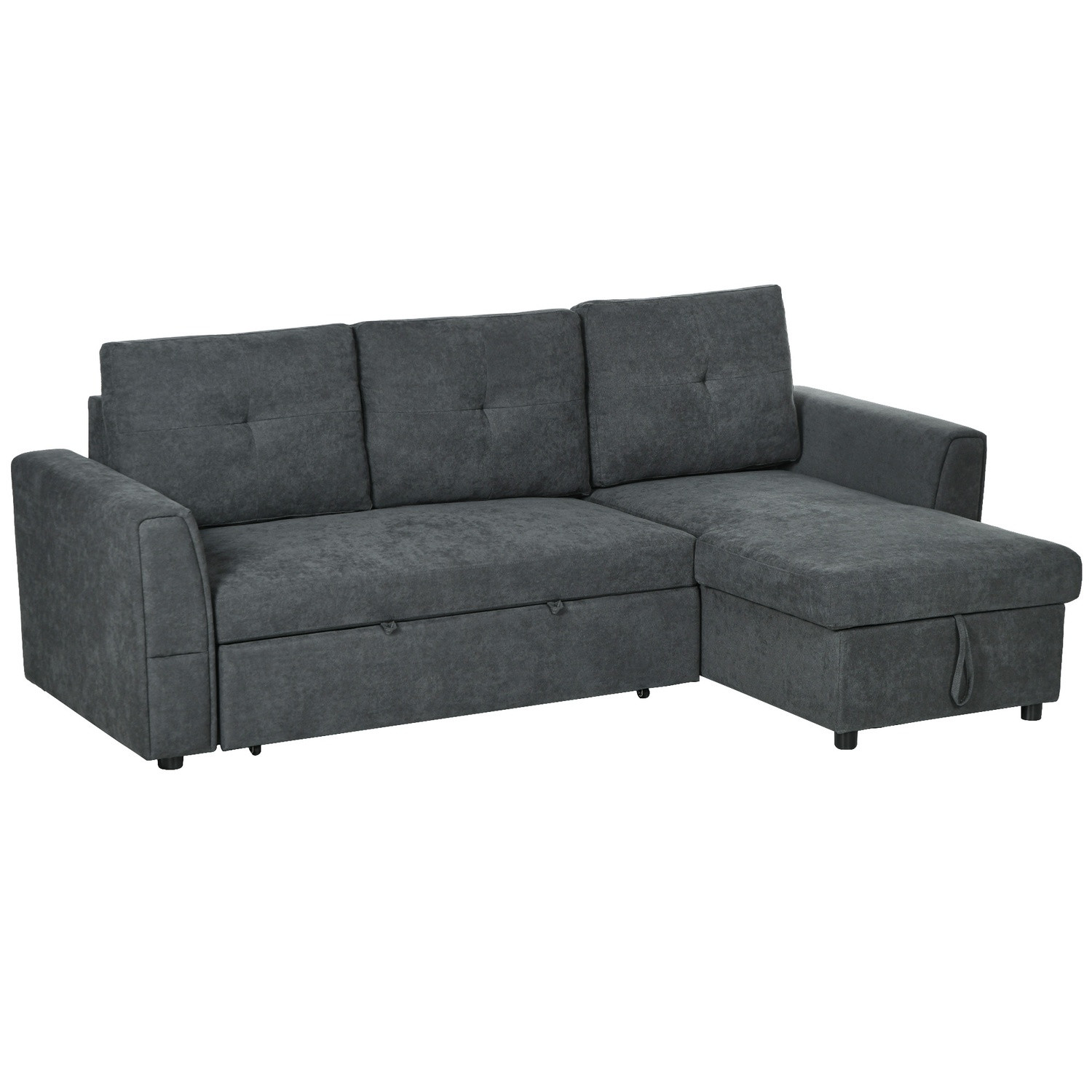 Sofá-cama com chaise, 3 lugares, cinza escuro