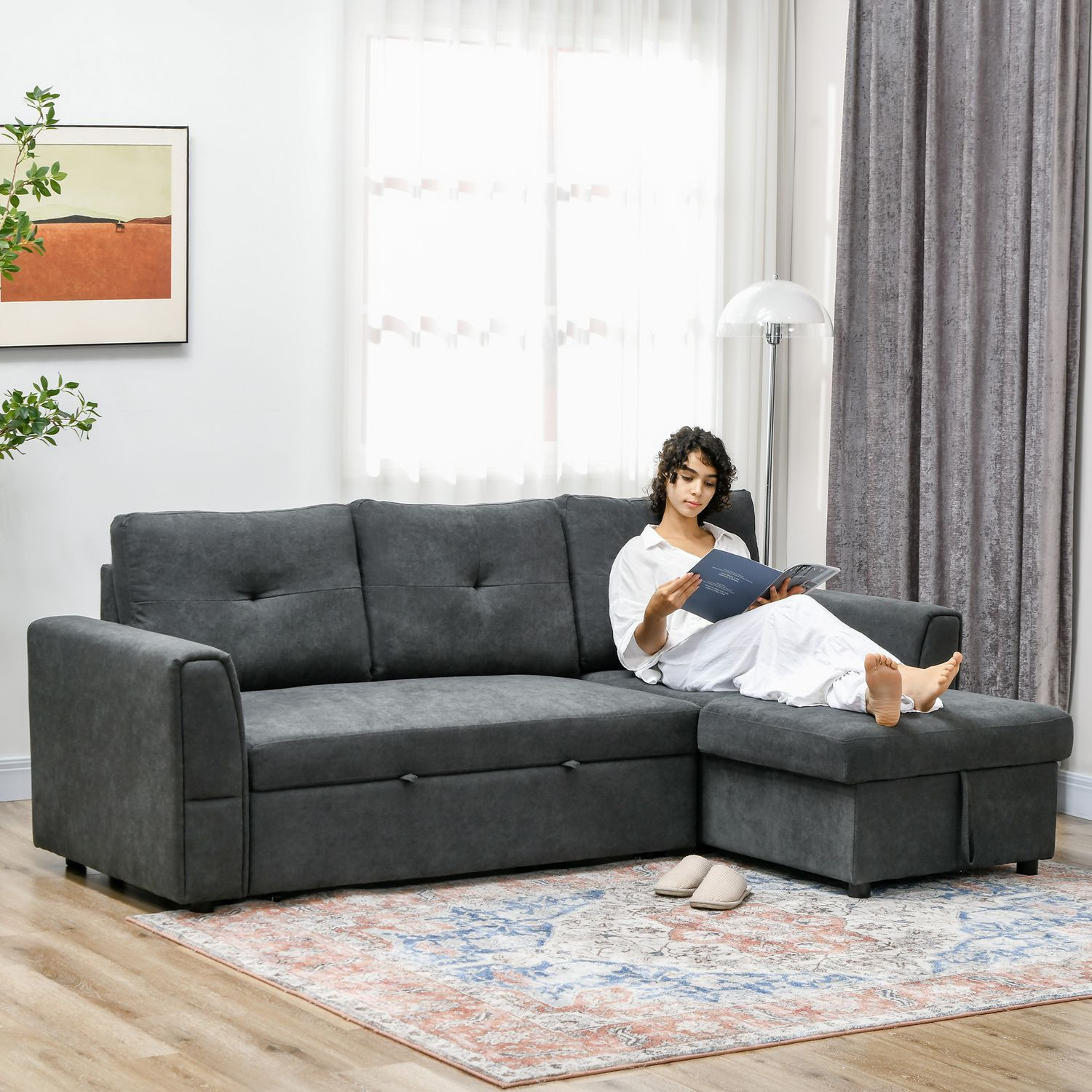 Sofá-cama com chaise, 3 lugares, cinza escuro