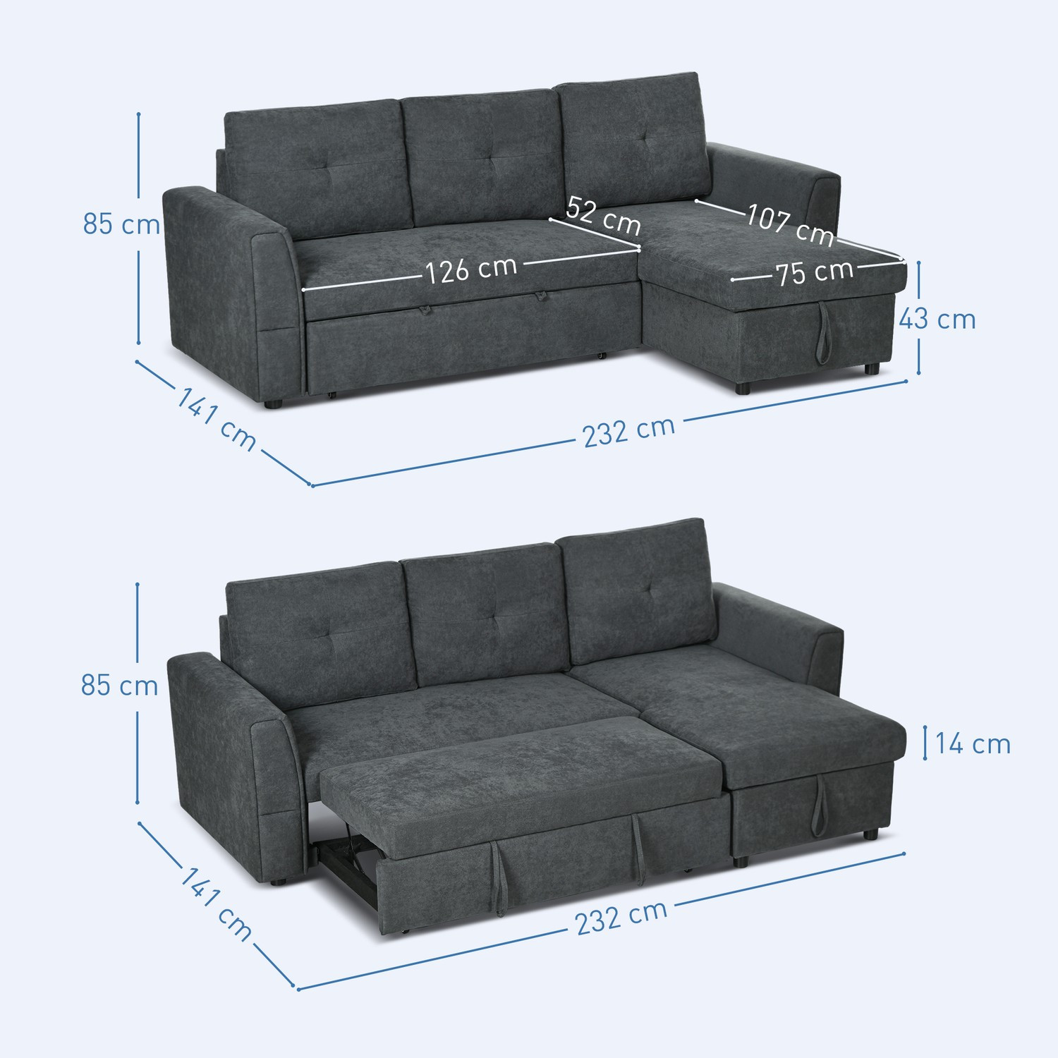 Sofá-cama com chaise, 3 lugares, cinza escuro