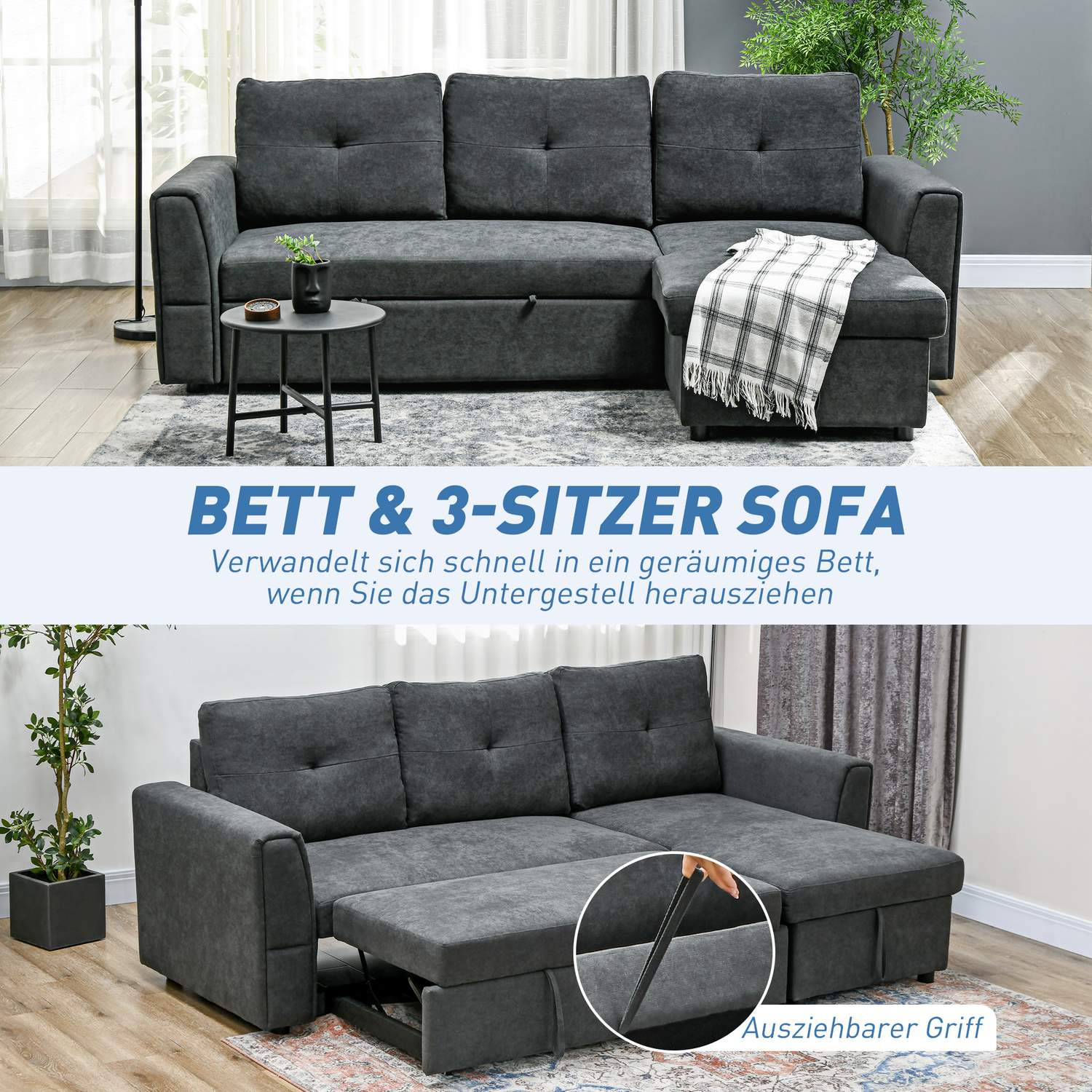 Sofá-cama com chaise, 3 lugares, cinza escuro