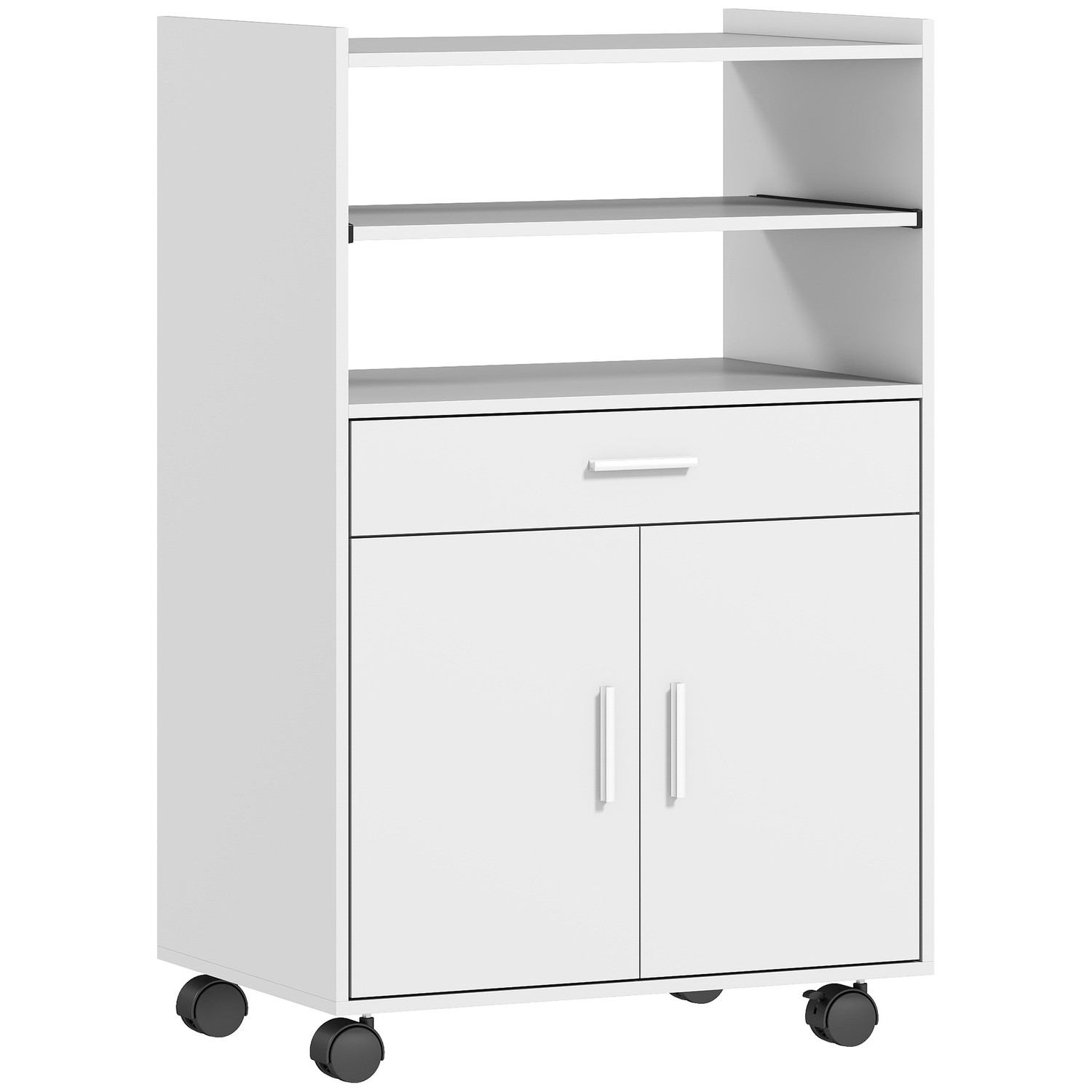 Armário para micro-ondas com gaveta e rodas, branco