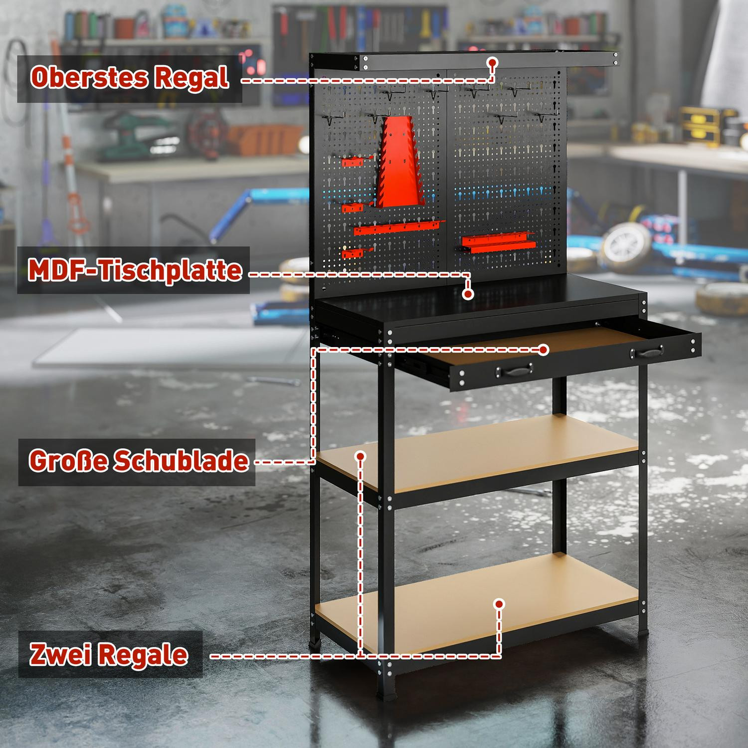 Workbench with Pegboard, Hooks, Drawer, 2 Shelves, Black