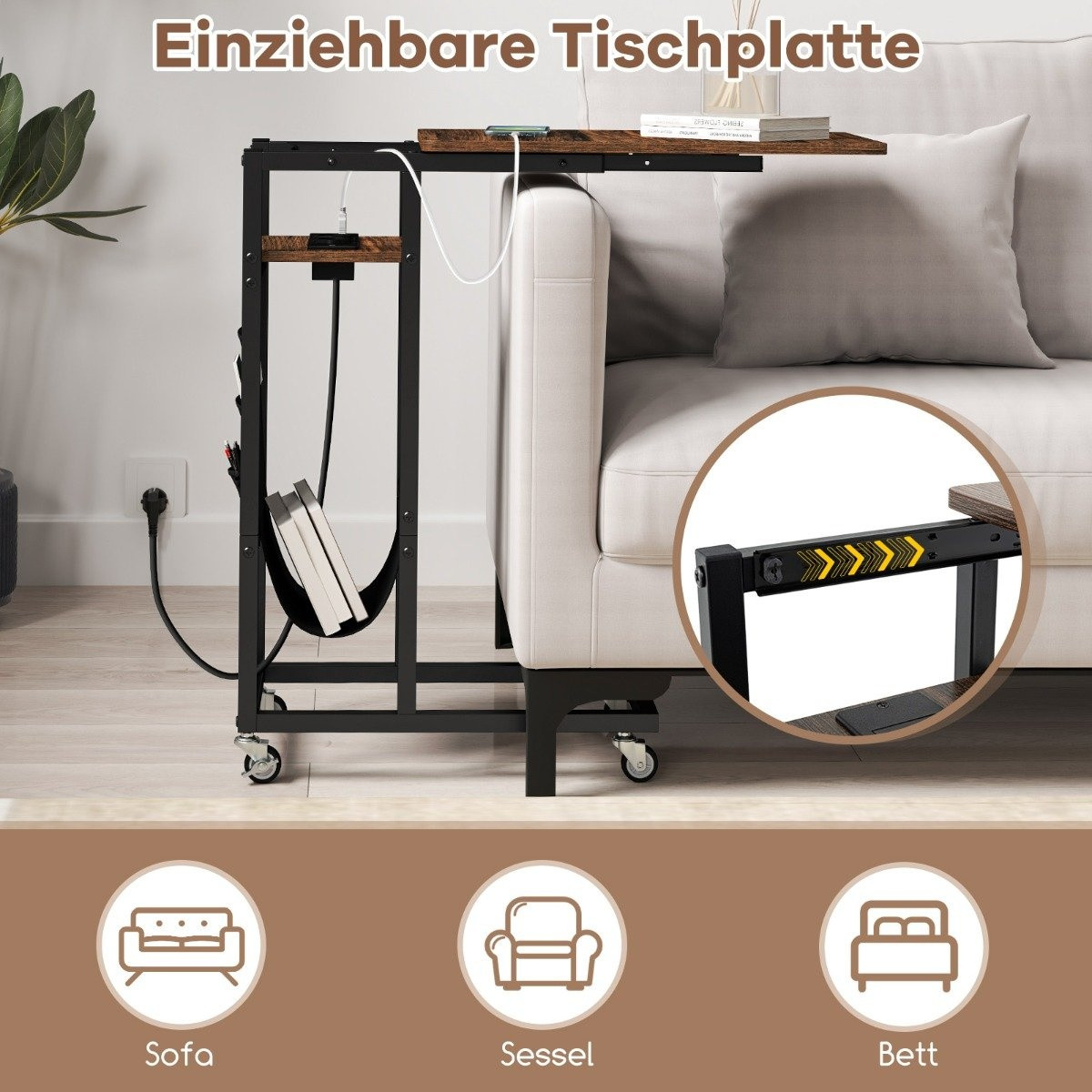 C-Shaped Side Table with Charging Station & Storage Pocket