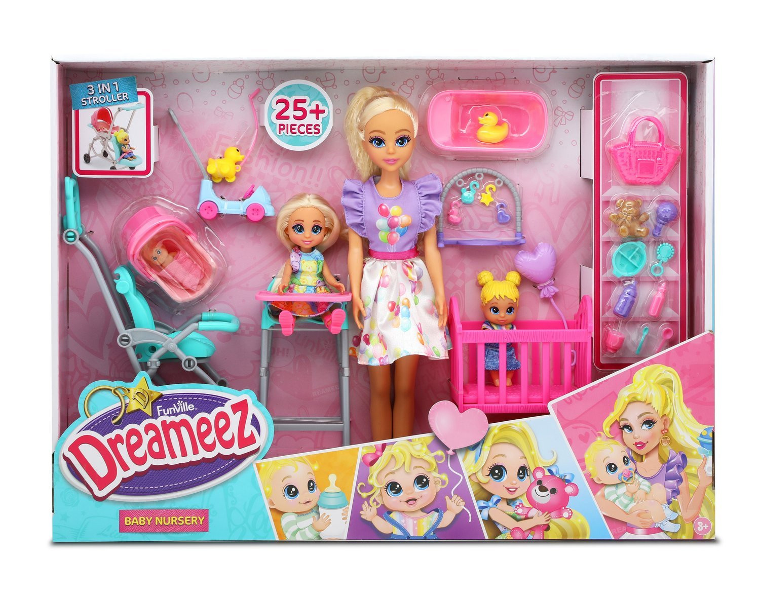 Conjunto de brinquedo Babá com boneca, carrinho de bebê e acessórios.