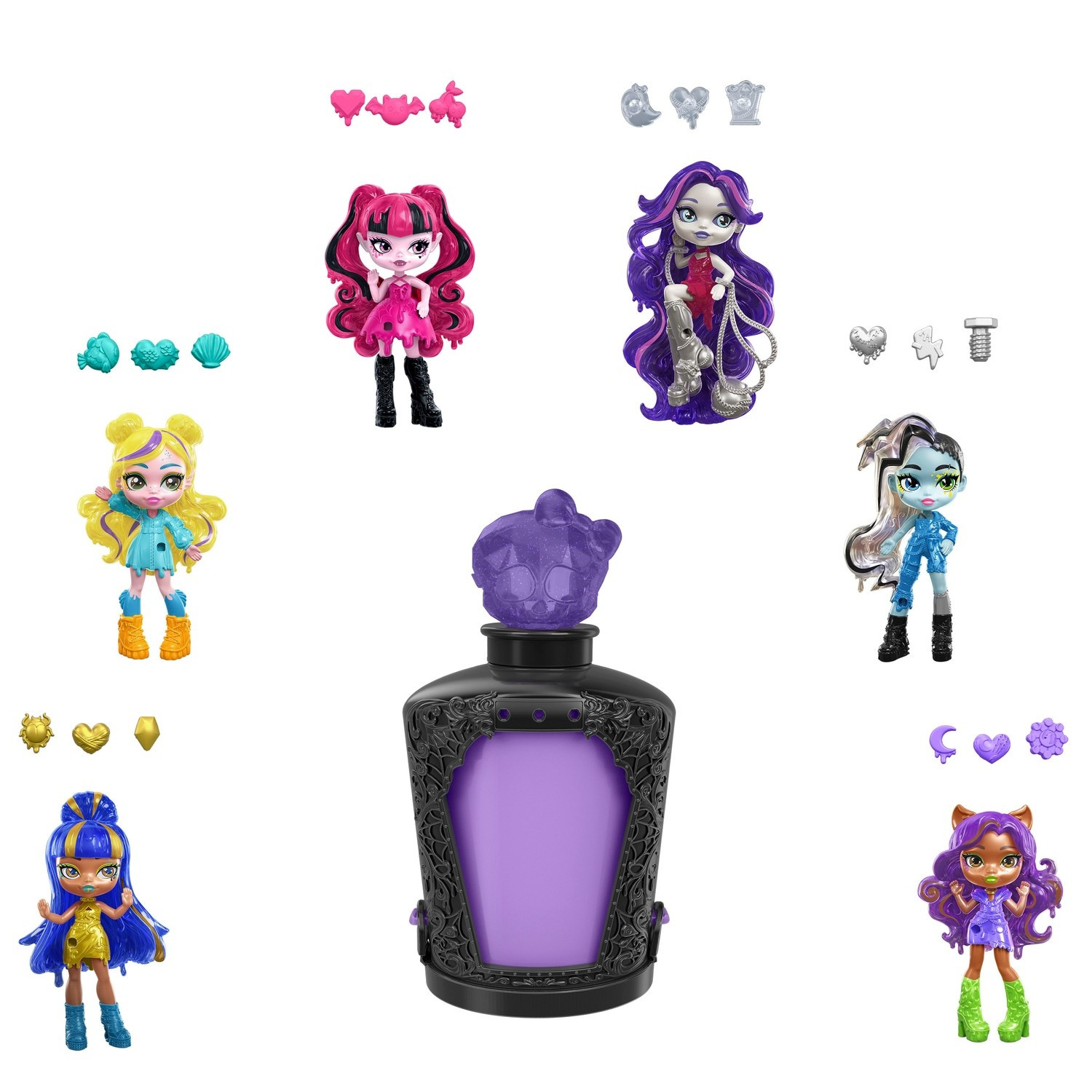 Frasco de poção Monster High com mini boneca e pingentes