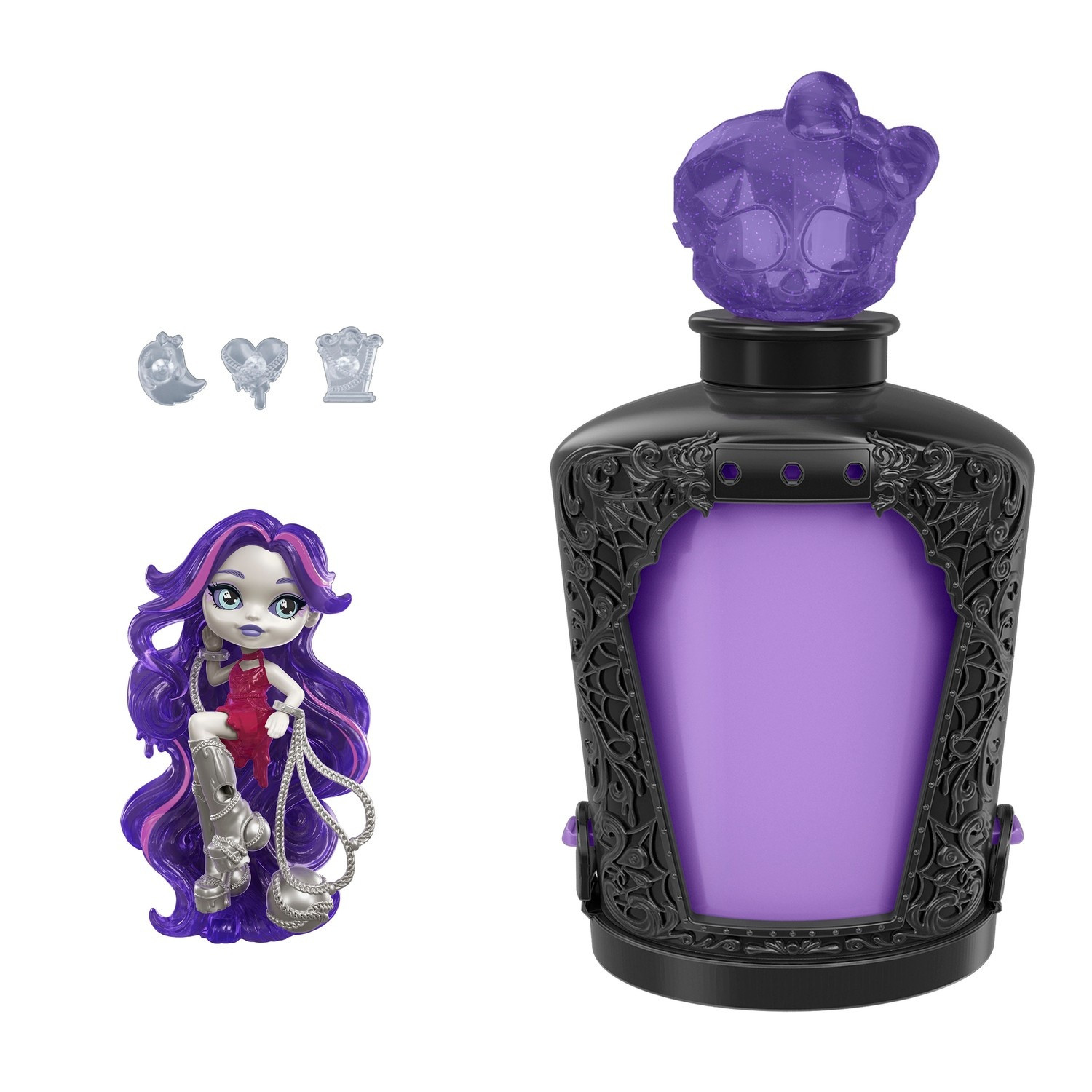 Frasco de poção Monster High com mini boneca e pingentes