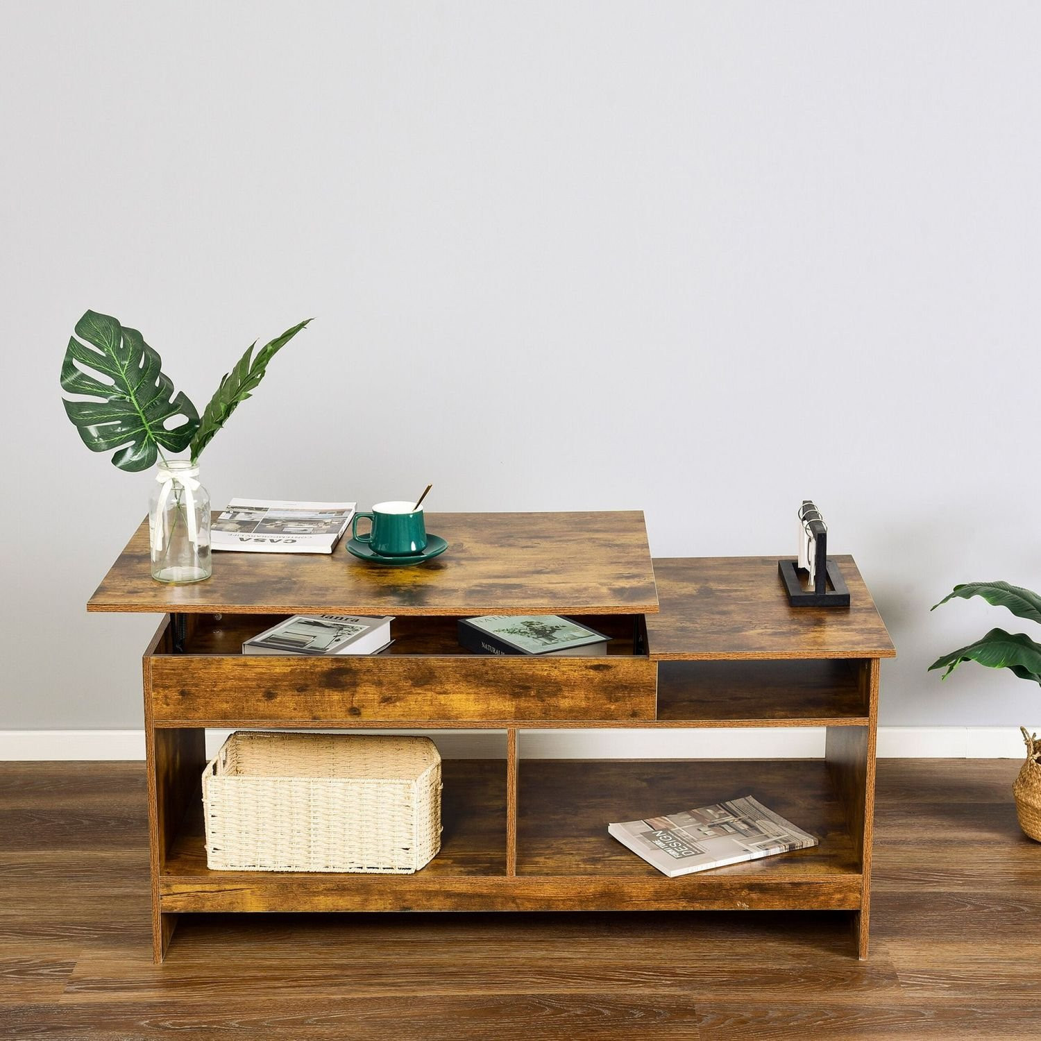Mesa de centro elevable con almacenamiento y estantes