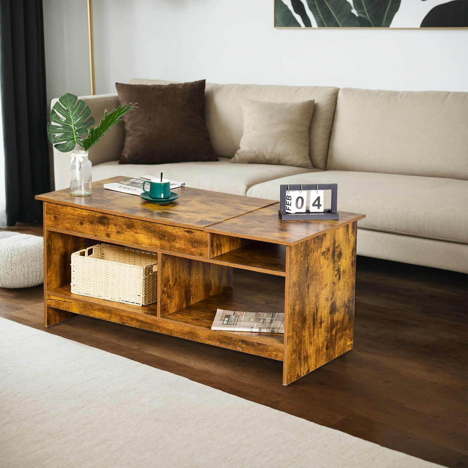 Mesa de centro elevable con almacenamiento y estantes