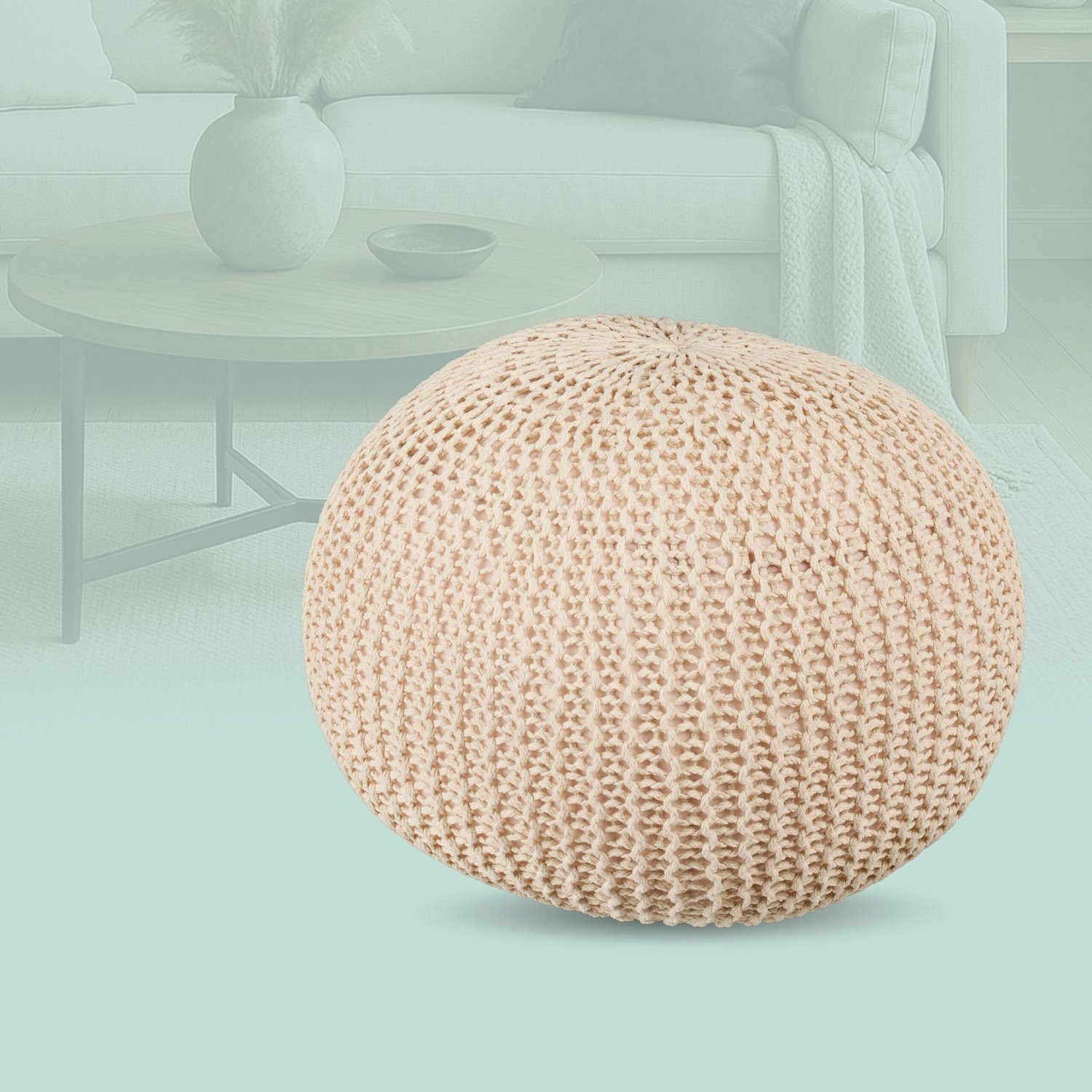 Gestrickter Pouf – Runder Bodensitz, Boho-Design