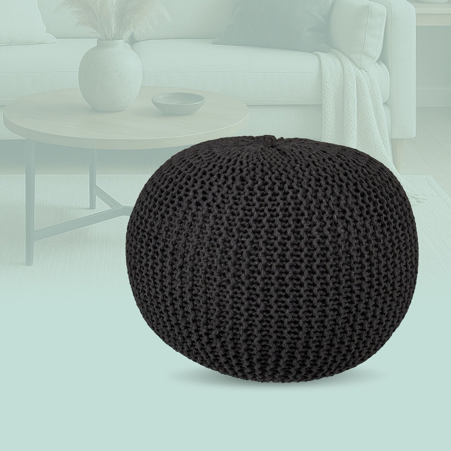 Gebreide poef – rond, boho-ontwerp, polystyreenvulling