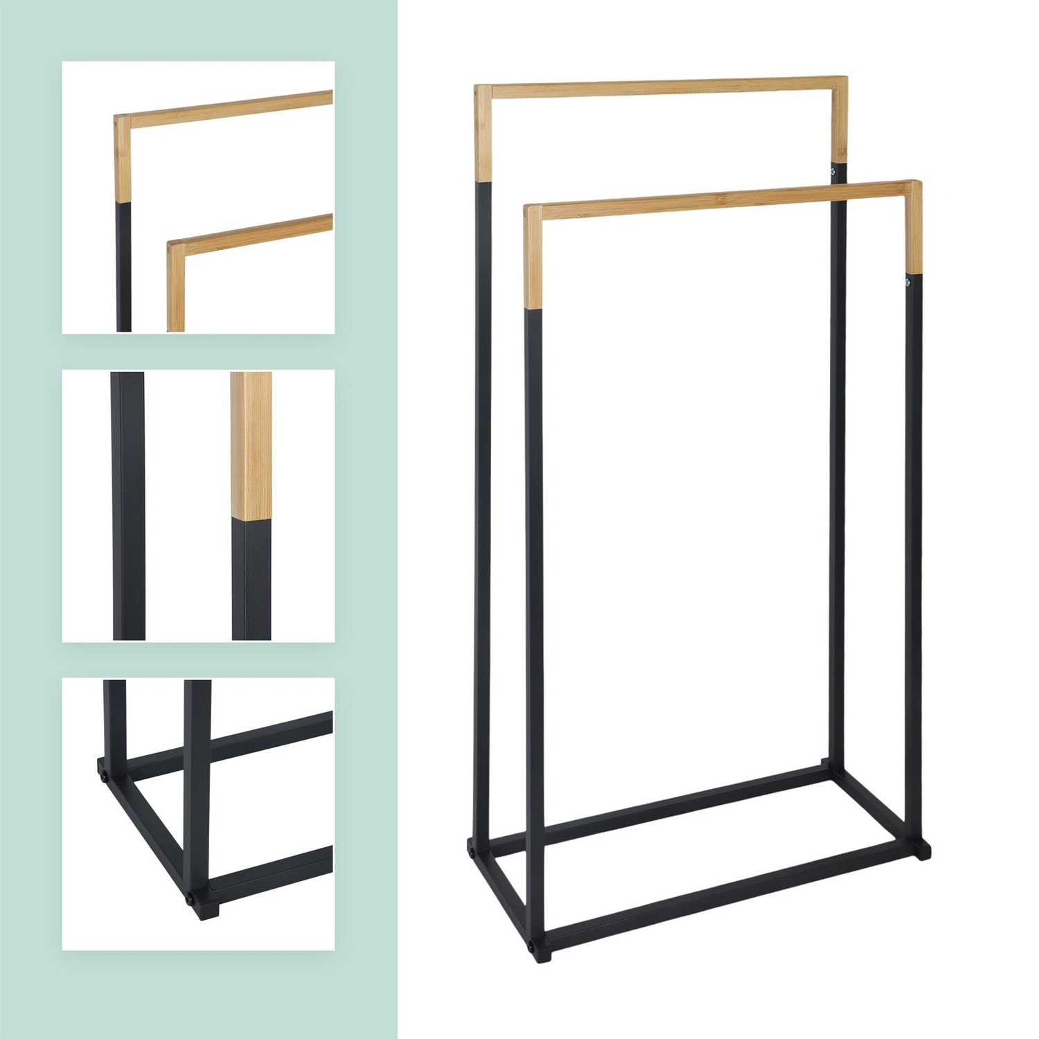 Suporte para toalhas com 2 barras – Metal e bambu